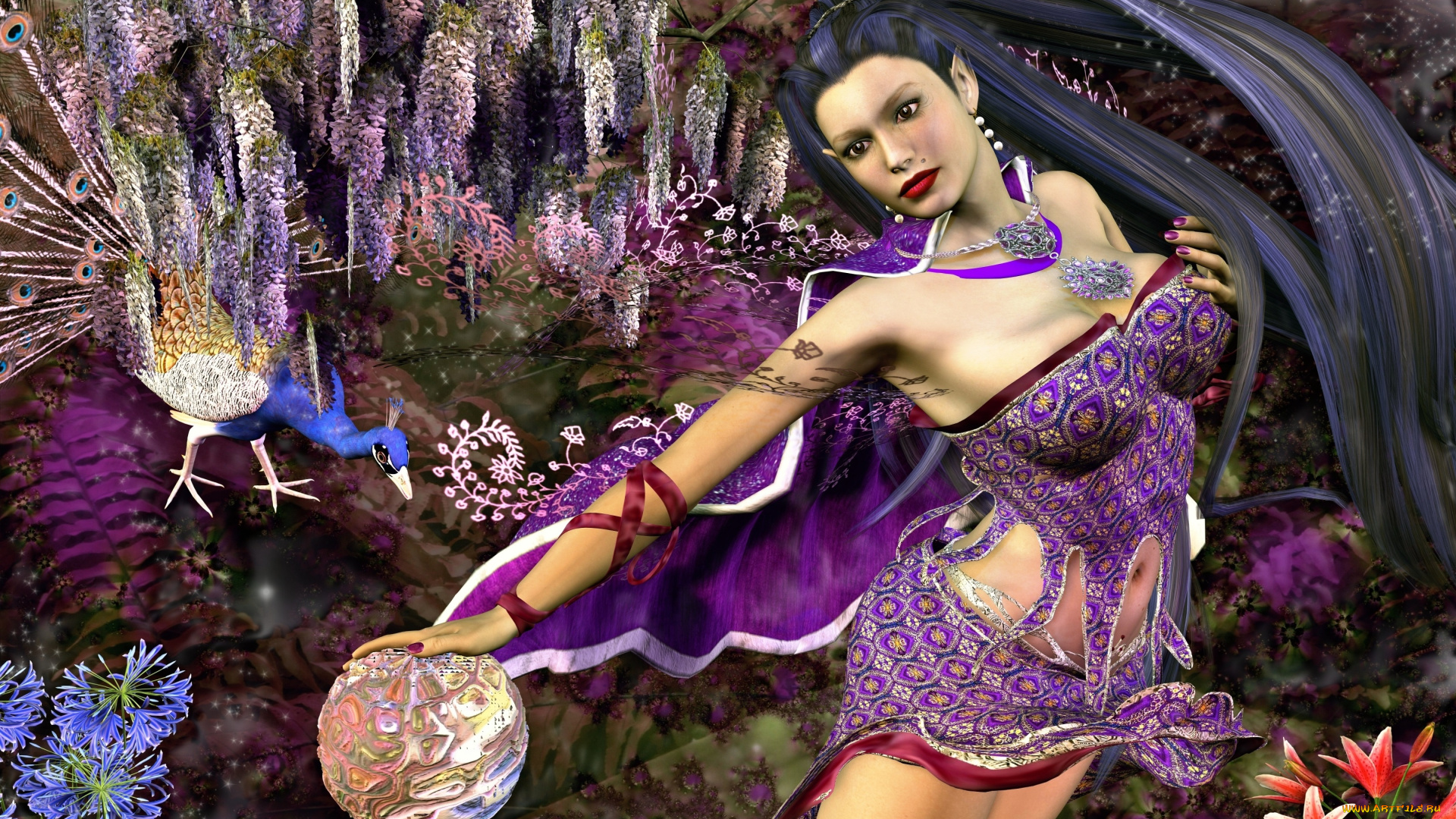 3д, графика, эльфы, , elves, эльфийка, взгляд, фон, цветы, волосы, шар