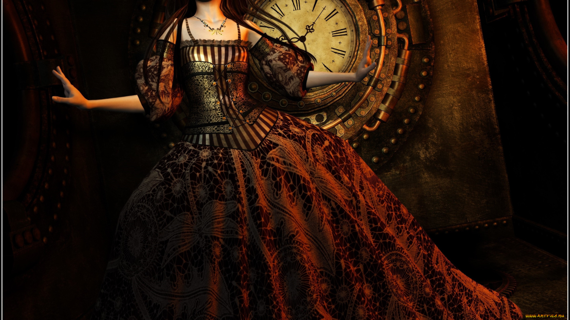 3д, графика, эльфы, , elves, эльфийка, взгляд, фон, платье, часы