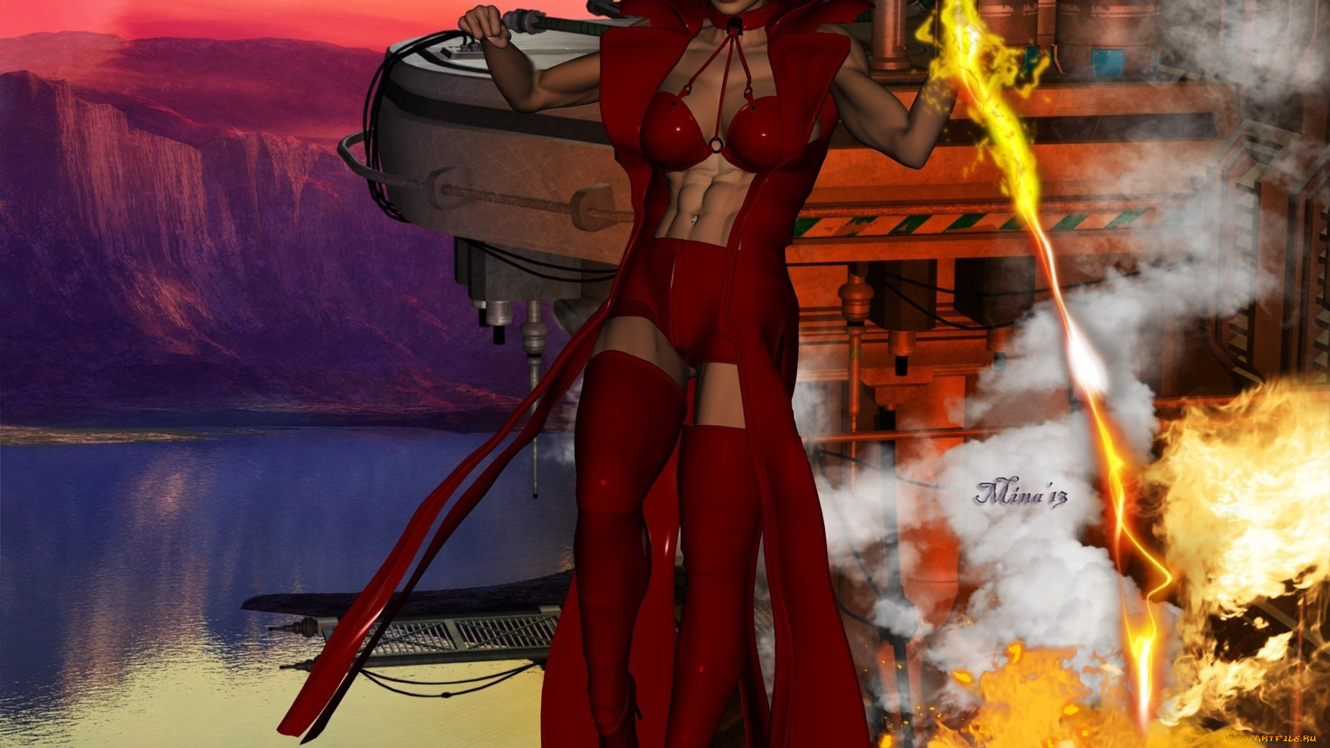 3д, графика, фантазия, , fantasy, девушка, огонь, фон, взгляд