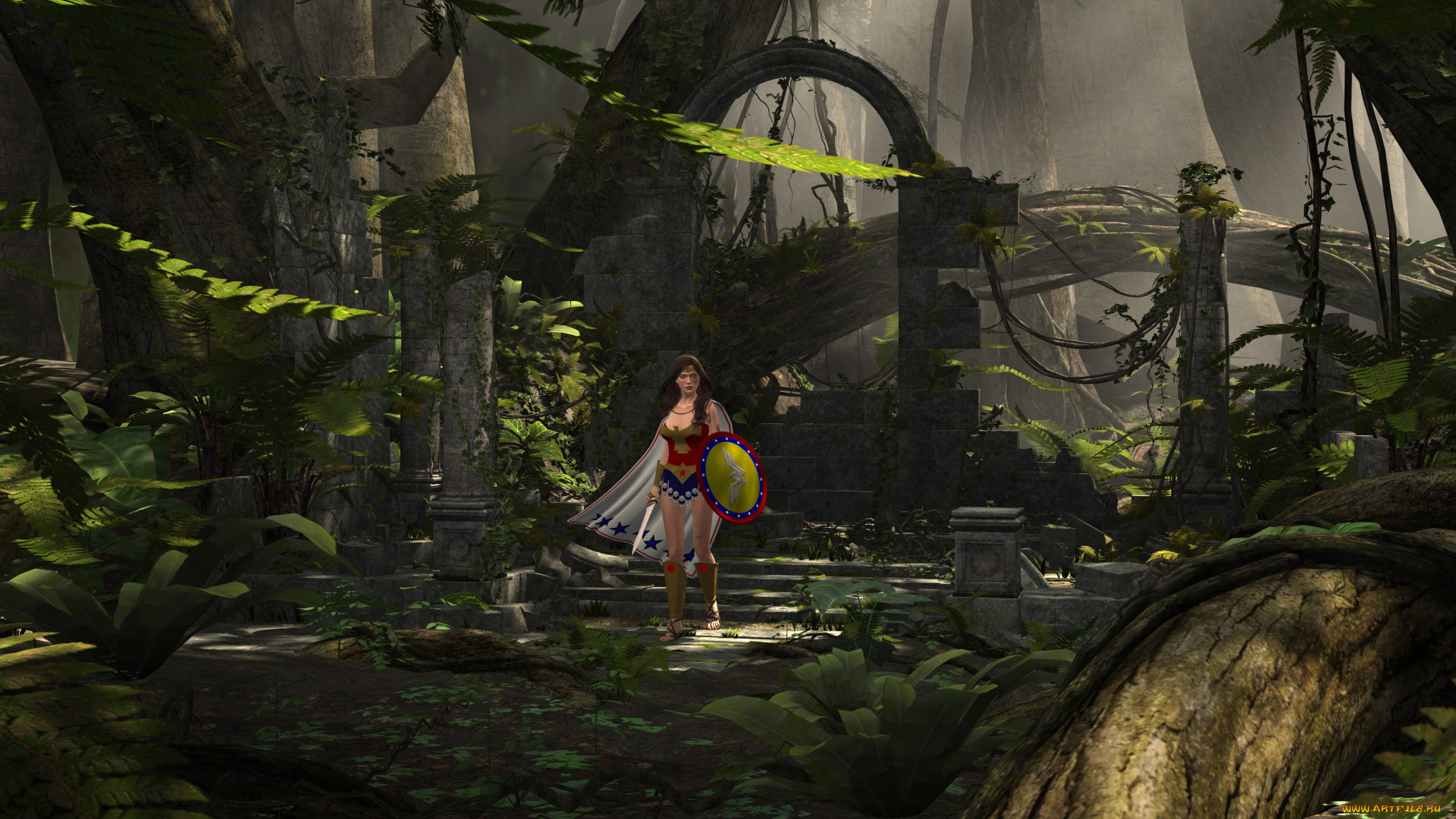 3д, графика, фантазия, , fantasy, девушка, взгляд, фон, оружие, щит, лес, супермен