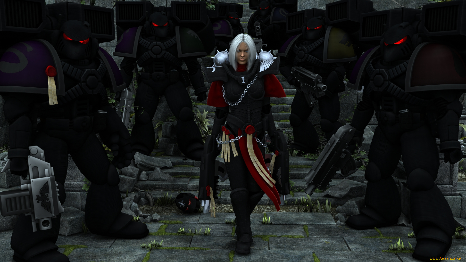 3д, графика, фантазия, , fantasy, девушка, взгляд, фон, оружие, существа