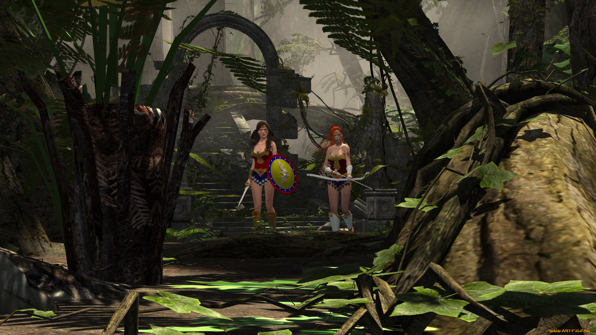 3д, графика, фантазия, , fantasy, девушки, взгляд, фон, оружие, щит, лес, супермены
