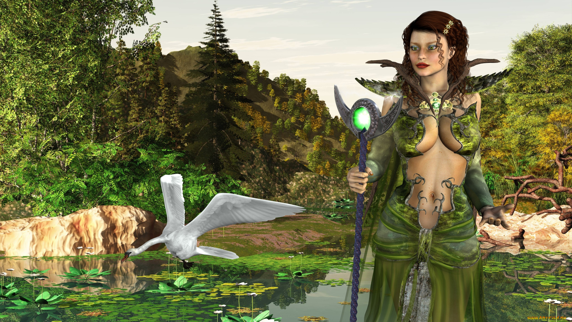 3д, графика, фантазия, , fantasy, горы, лес, лебедь, цветы, девушка, пруд, шест, фон, взгляд