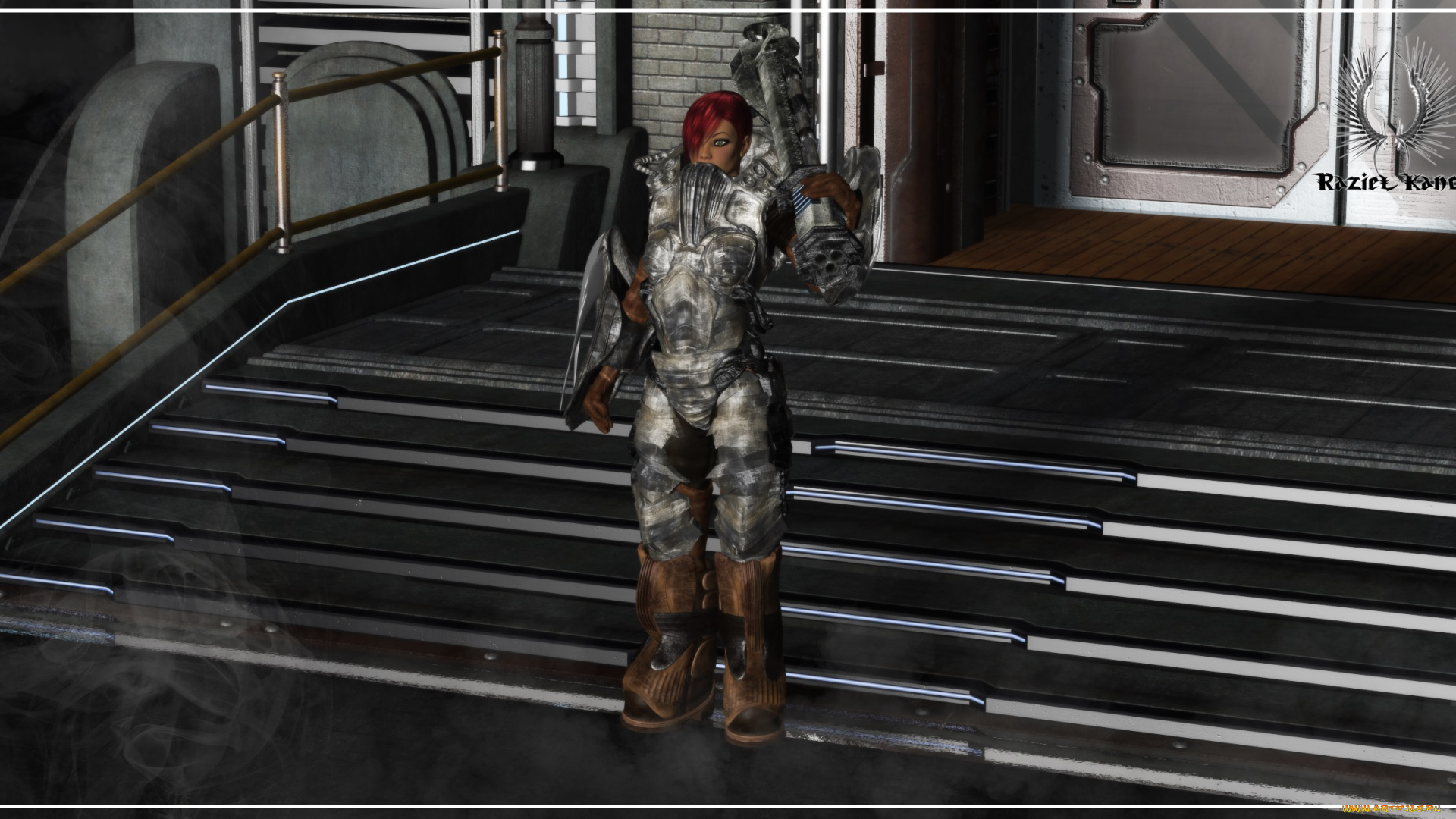 3д, графика, фантазия, , fantasy, рыжая, фон, взгляд, девушка, доспехи, лестница