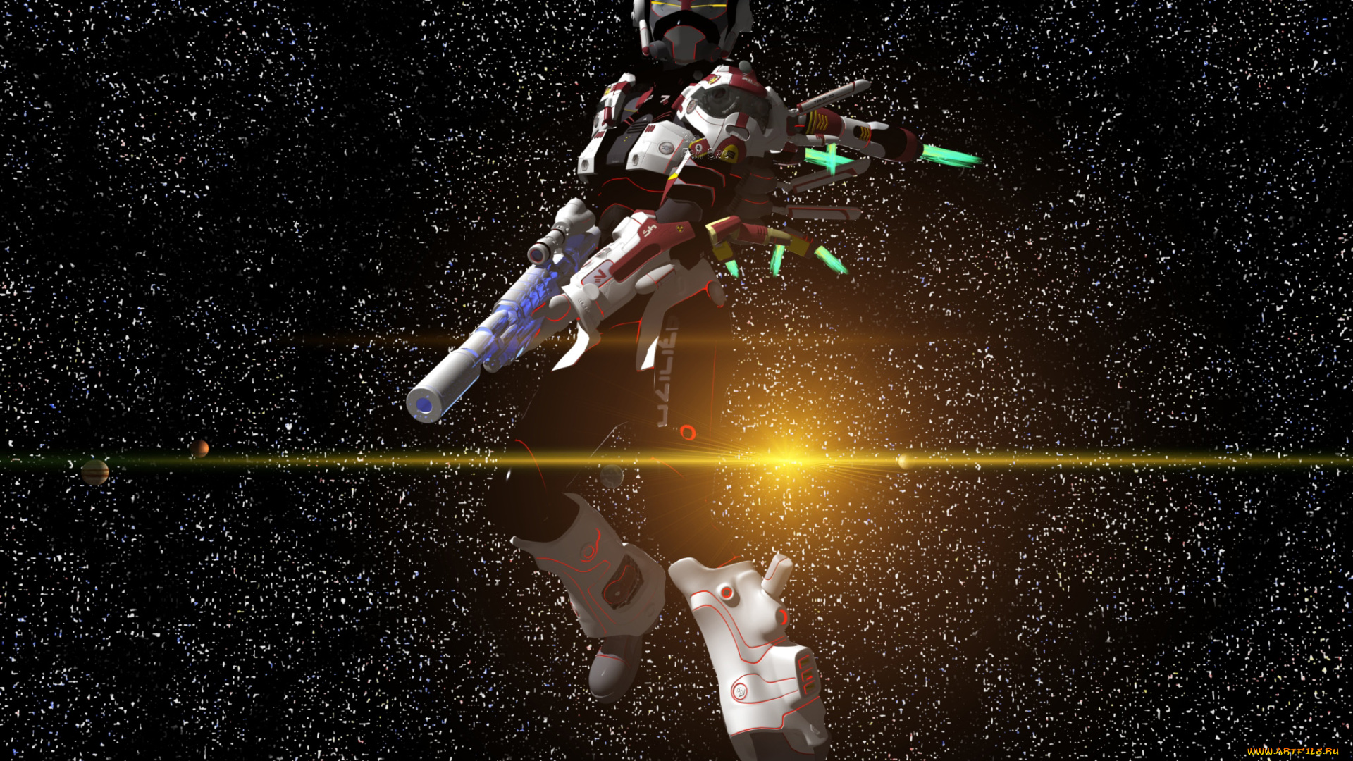 3д, графика, фантазия, , fantasy, звезды, космос, оружие, девушка, вселенная