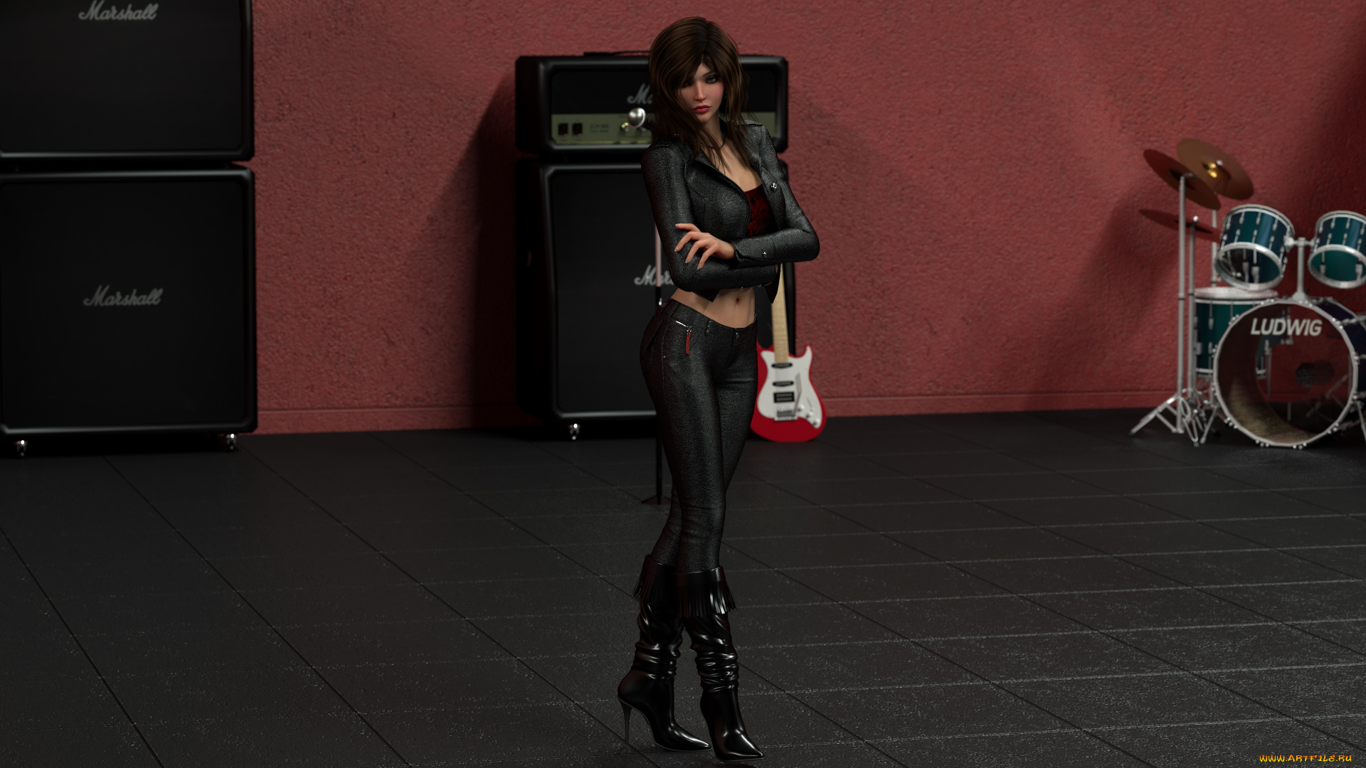 3д, графика, люди, , people, девушка, взгляд, фон, сцена, гитара, барабан, колонки