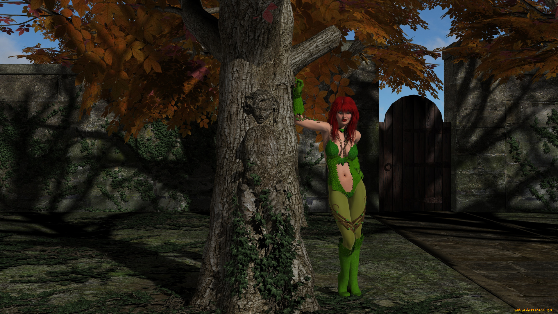 3д, графика, люди, , people, девушка, взгляд, фон, перчатки, сапоги, рыжая, дерево