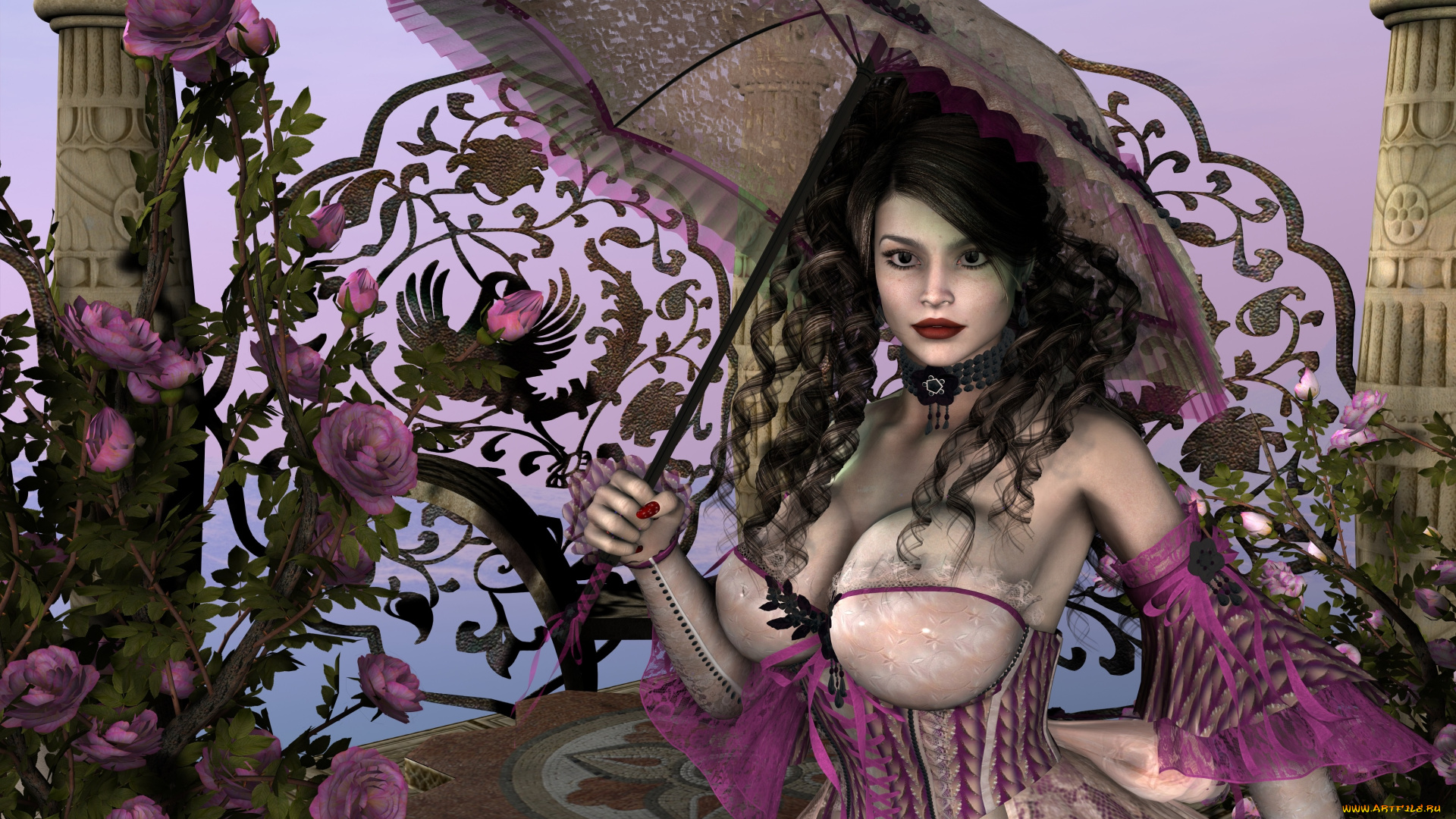 3д, графика, люди, , people, девушка, взгляд, фон, зонтик, цветы