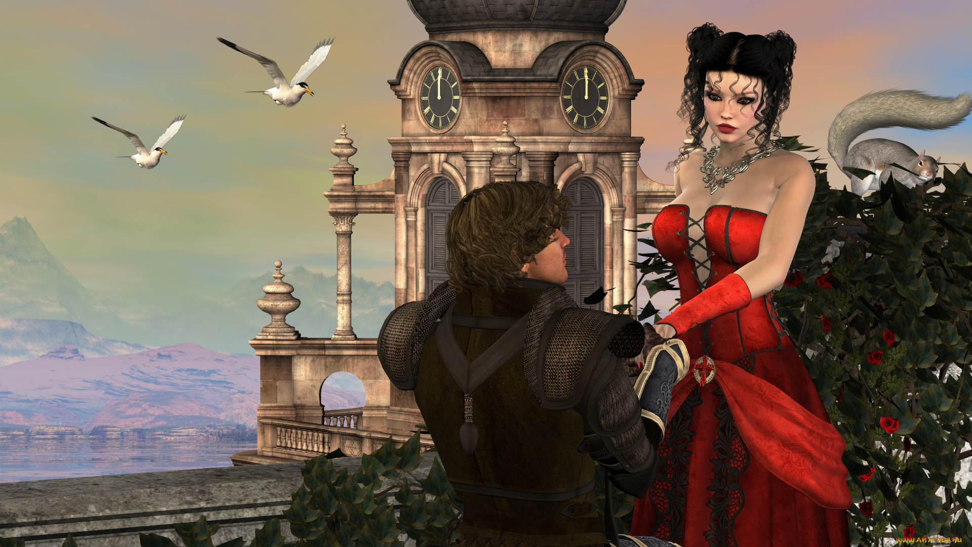 3д, графика, люди, , people, девушка, взгляд, фон, платье, мужчина, цветы, белка, башня, часы, птицы, горы, небо