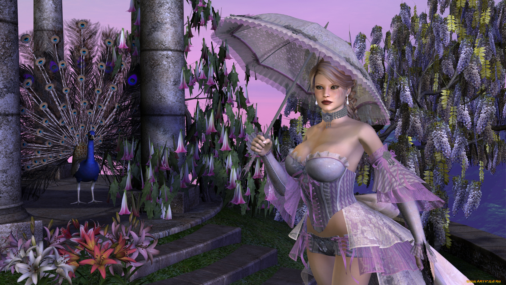 3д, графика, люди, , people, девушка, взгляд, фон, зонтик, цветы