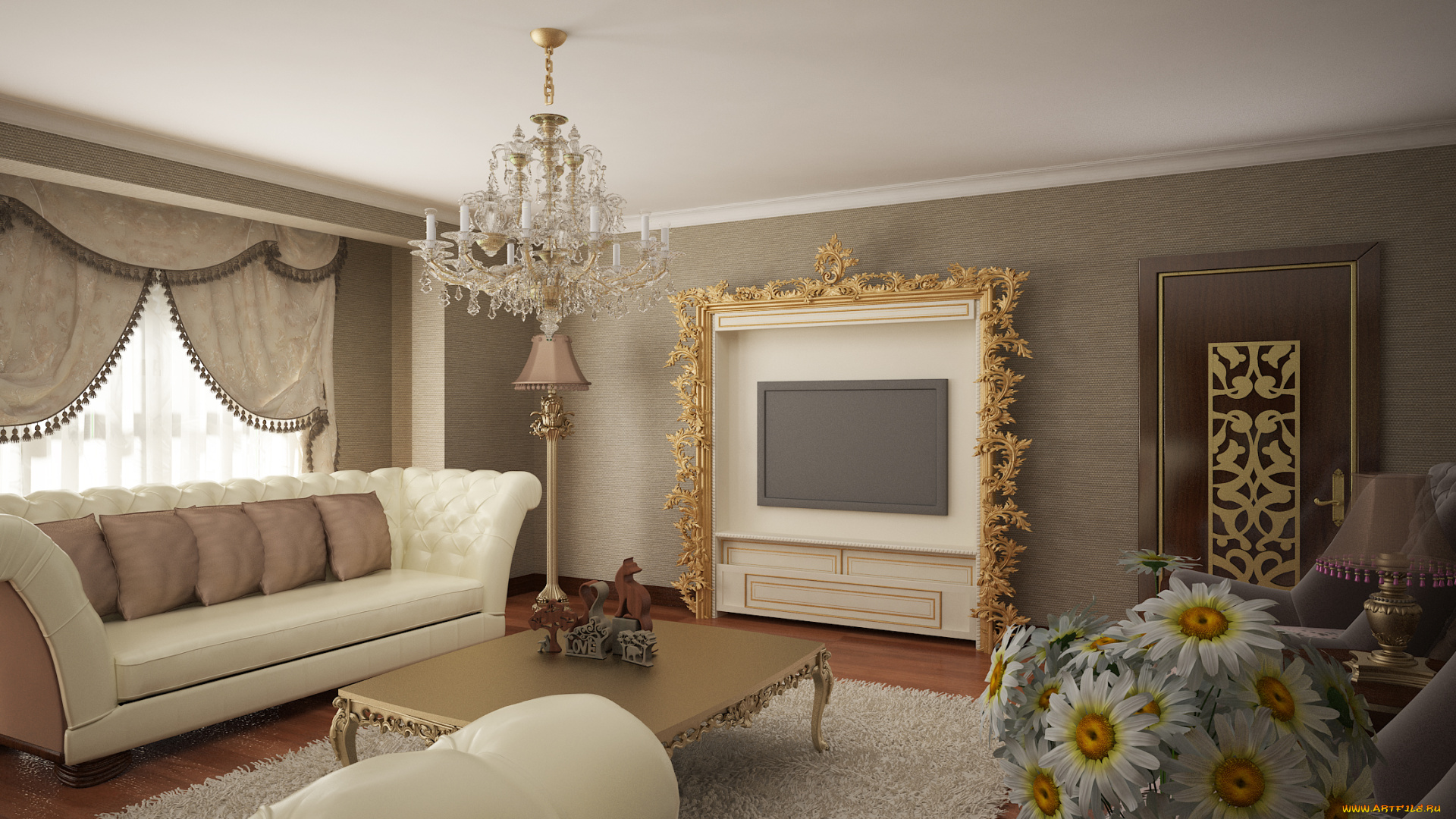 3д, графика, реализм, , realism, диван, стол, цветы, светильник