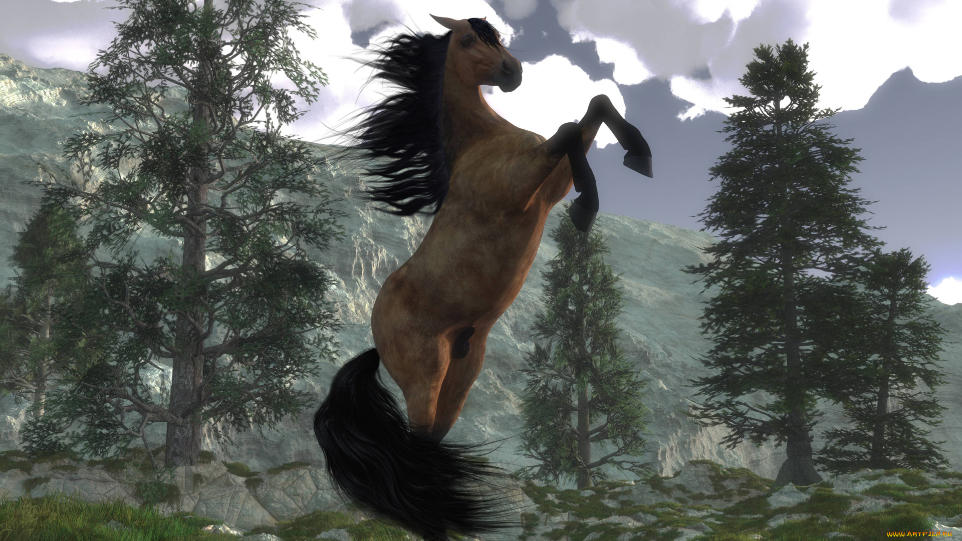 3д, графика, животные, , animals, лошадь, деревья, горы, облака