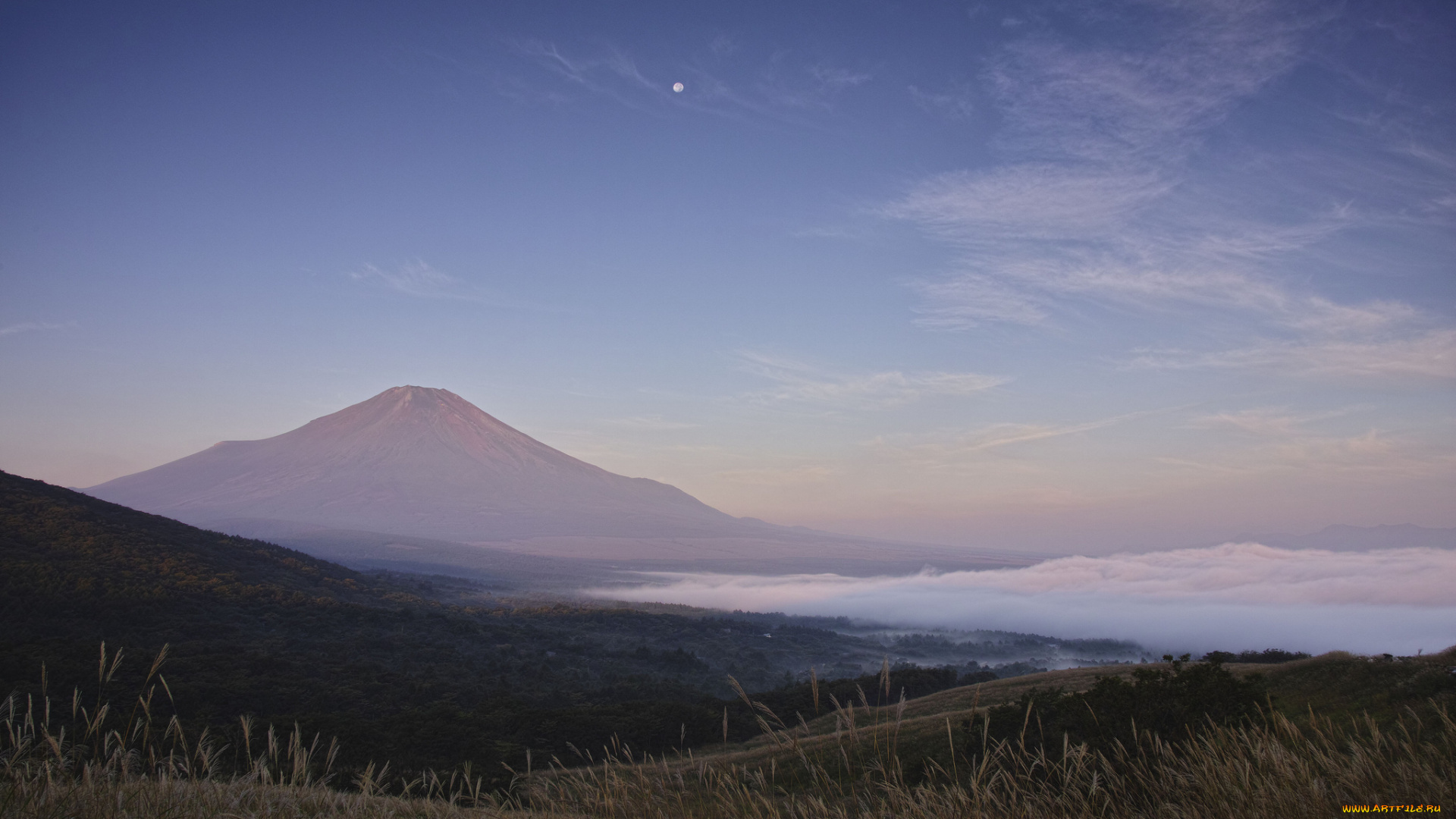 природа, горы, небо, колосья, склоны, луна, гора, takaten