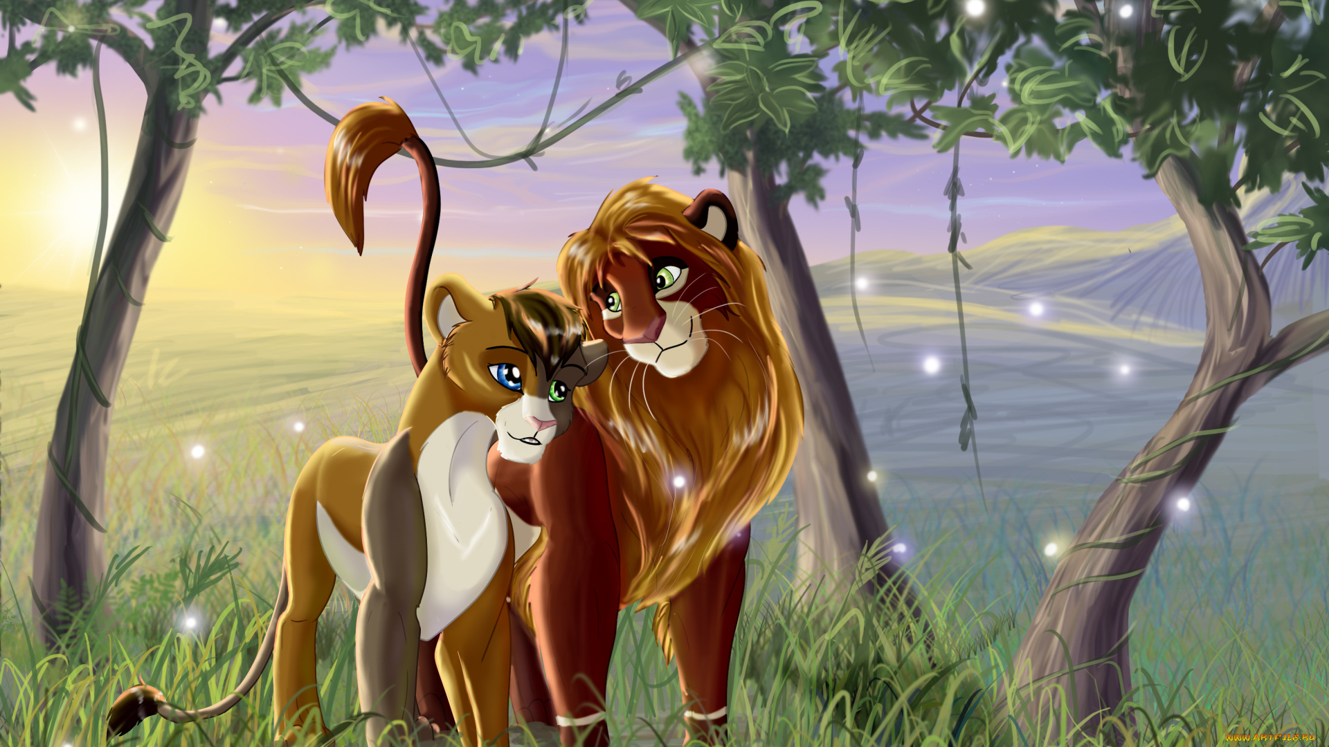 рисованное, животные, , львы, деревья, львы