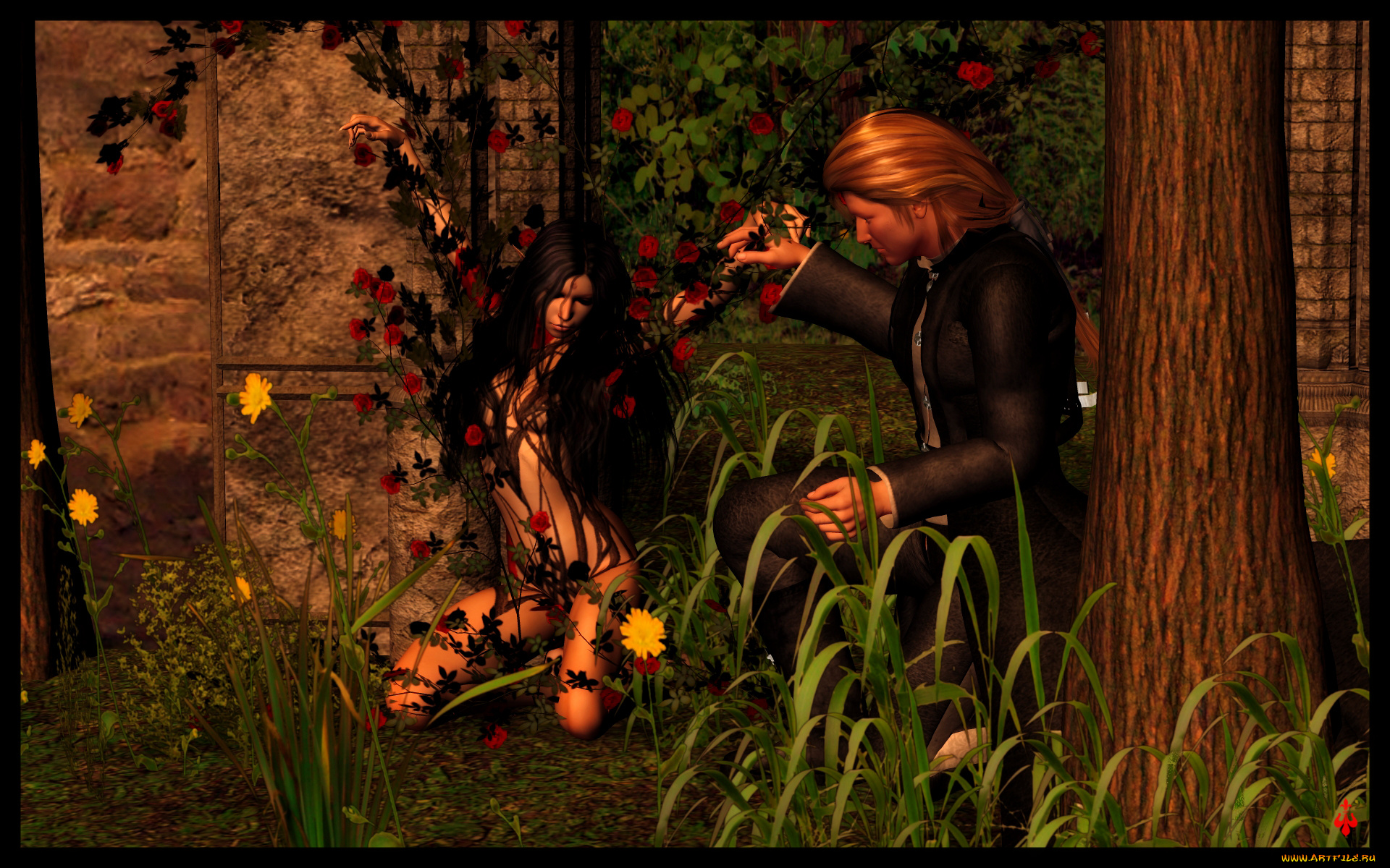 3д, графика, фантазия, , fantasy, девушки, взгляд, фон, цветы