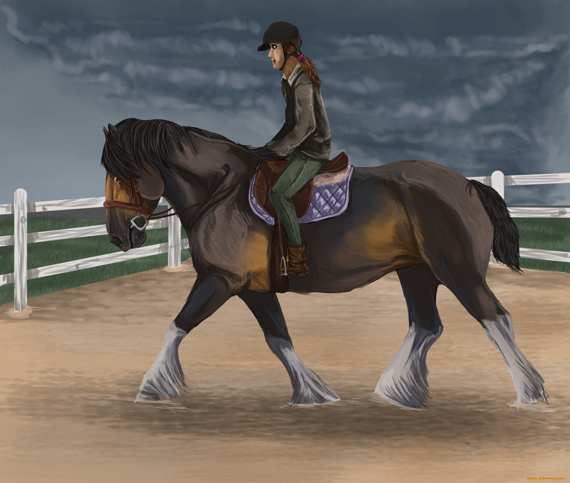 рисованное, животные, , лошади, всадник, лошадь