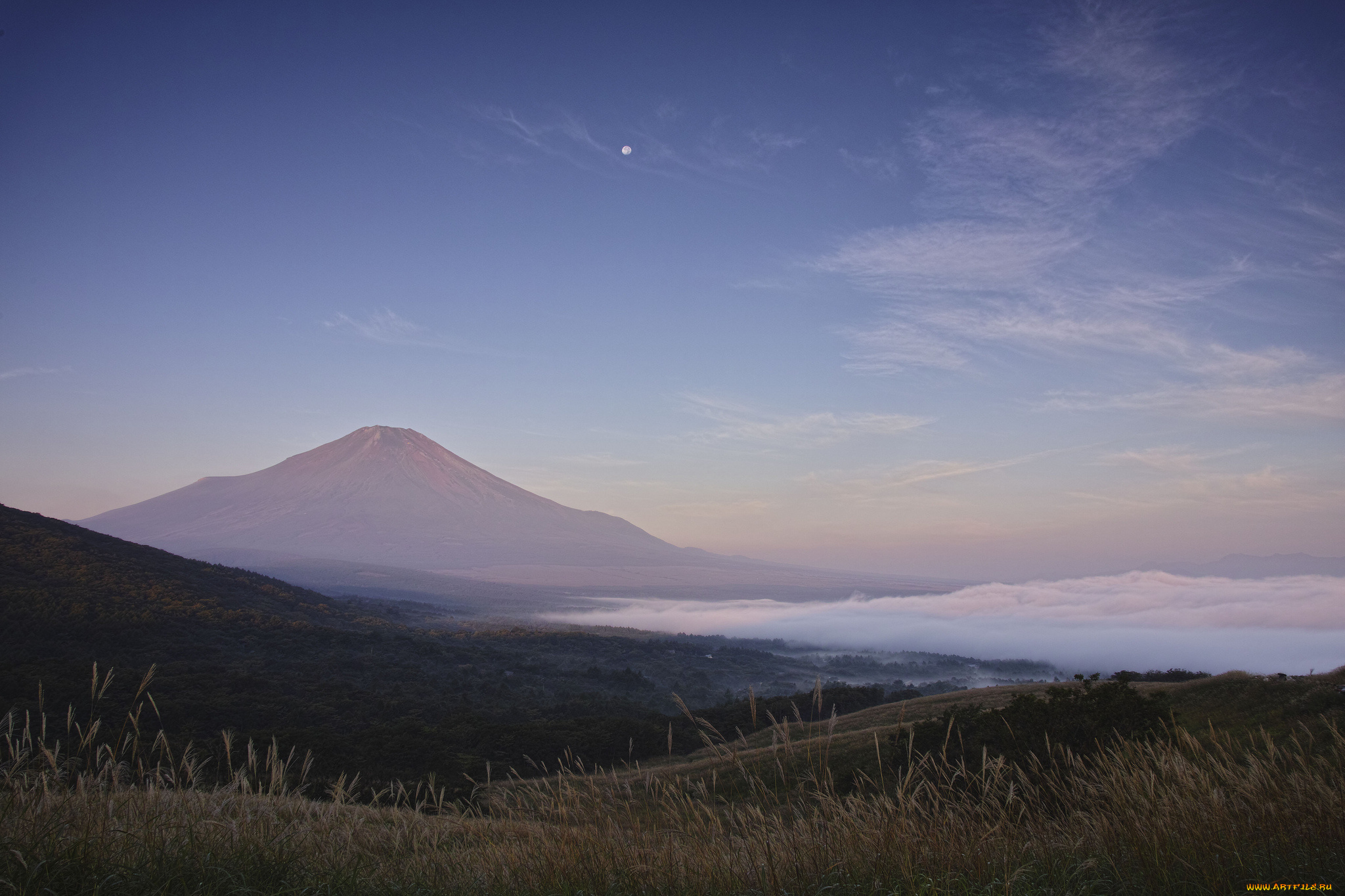природа, горы, небо, колосья, склоны, луна, гора, takaten
