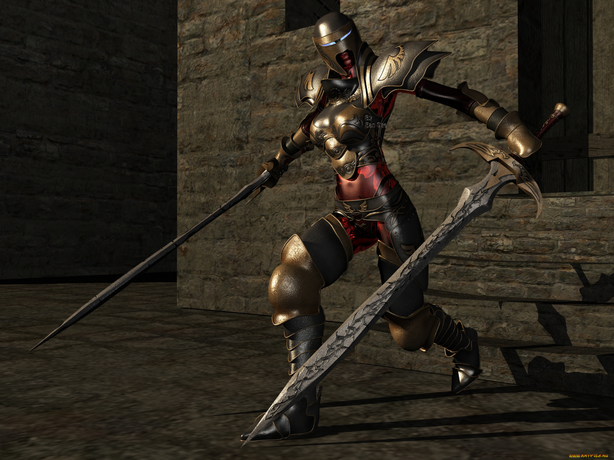 3д, графика, амазонки, , amazon, взгляд, доспехи, мечи, фон, девушка