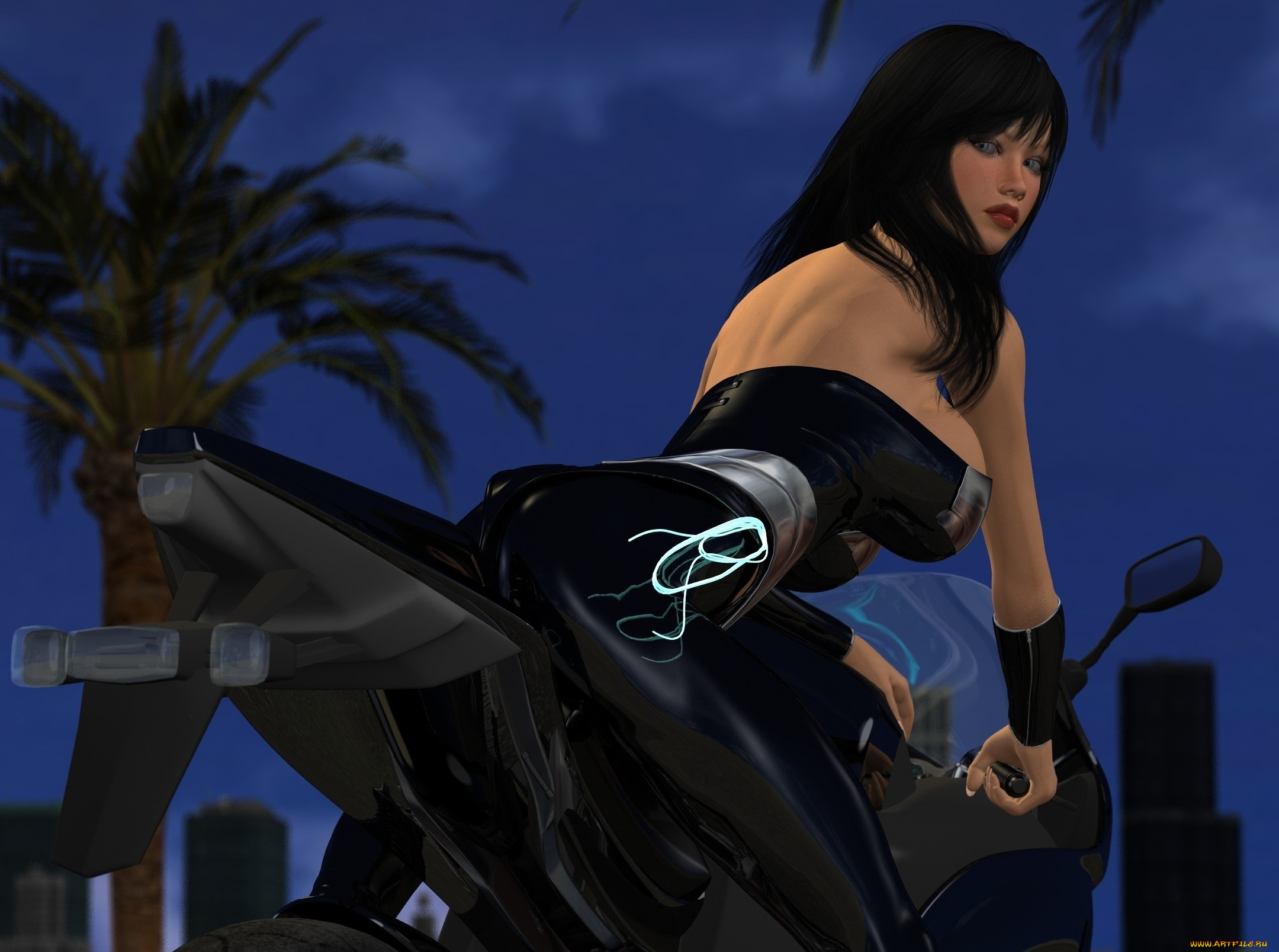 3д, графика, люди, , people, девушка, взгляд, фон, мотоцикл