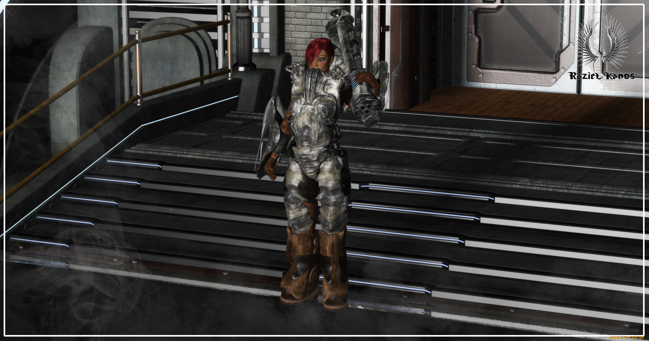 3д, графика, фантазия, , fantasy, рыжая, фон, взгляд, девушка, доспехи, лестница