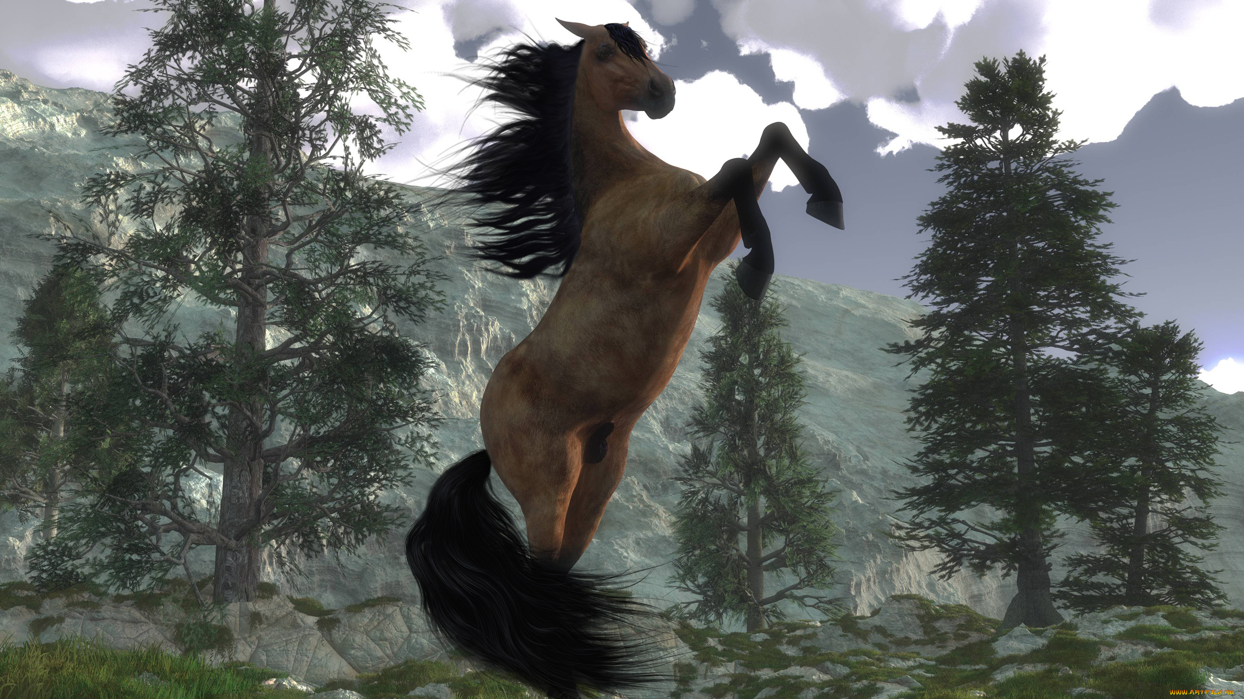 3д, графика, животные, , animals, лошадь, деревья, горы, облака