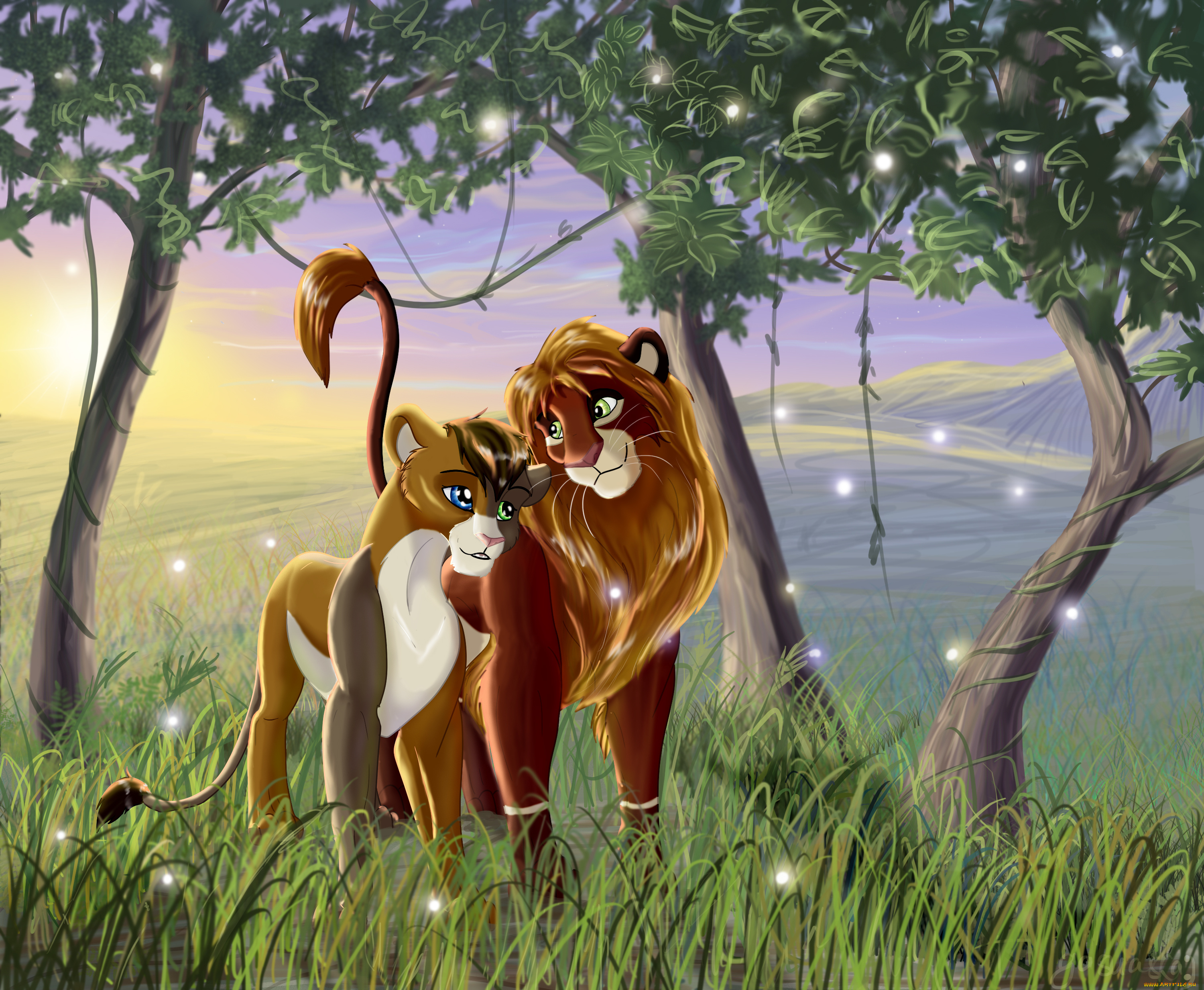 рисованное, животные, , львы, деревья, львы