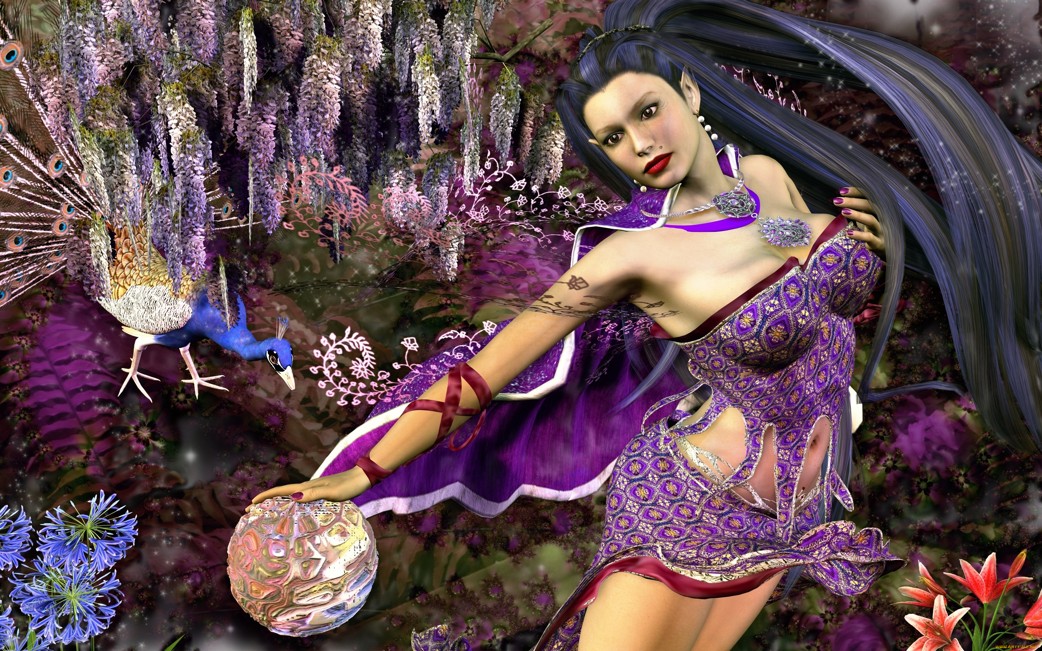 3д, графика, эльфы, , elves, эльфийка, взгляд, фон, цветы, волосы, шар