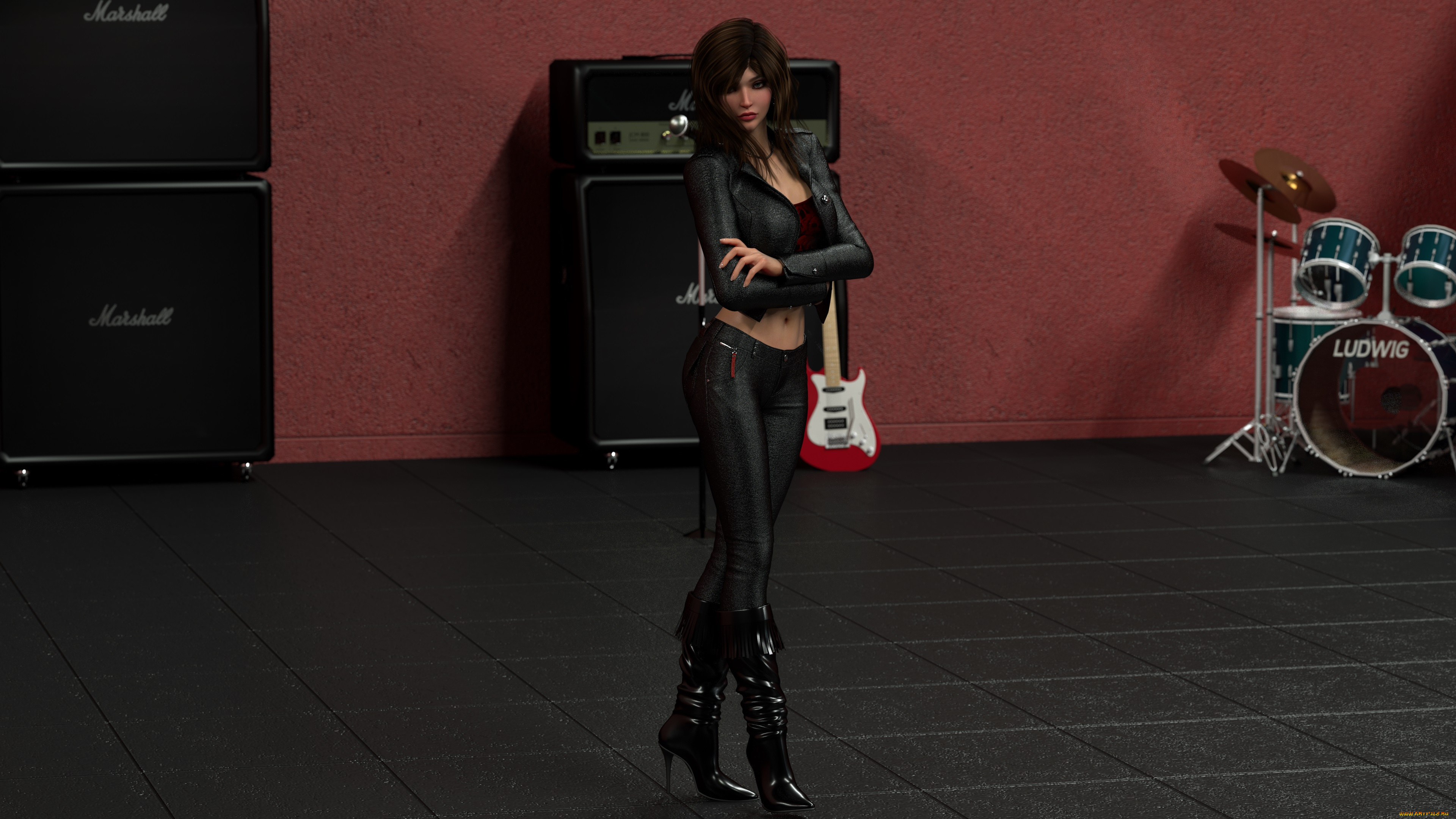 3д, графика, люди, , people, девушка, взгляд, фон, сцена, гитара, барабан, колонки