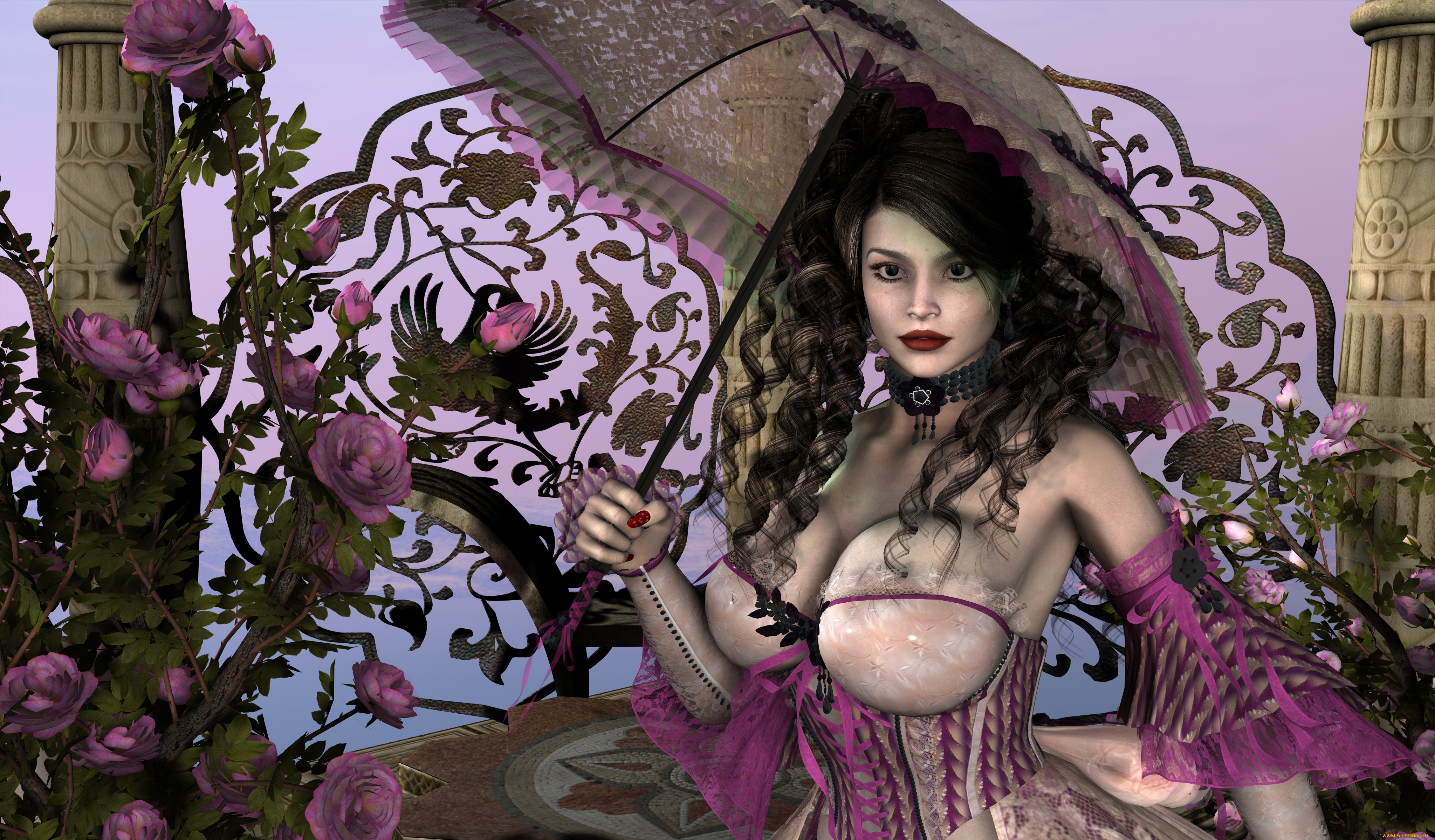 3д, графика, люди, , people, девушка, взгляд, фон, зонтик, цветы