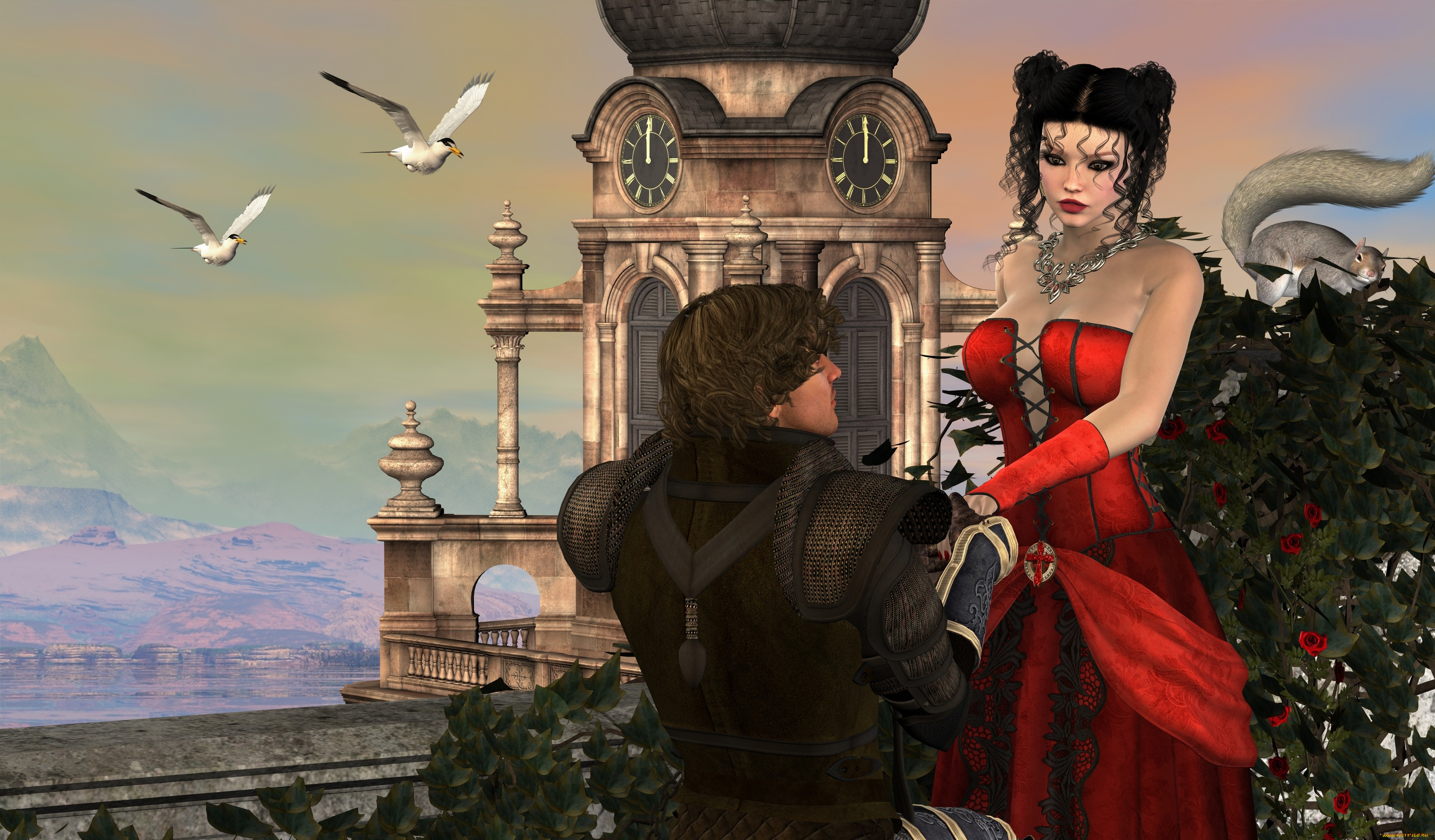 3д, графика, люди, , people, девушка, взгляд, фон, платье, мужчина, цветы, белка, башня, часы, птицы, горы, небо