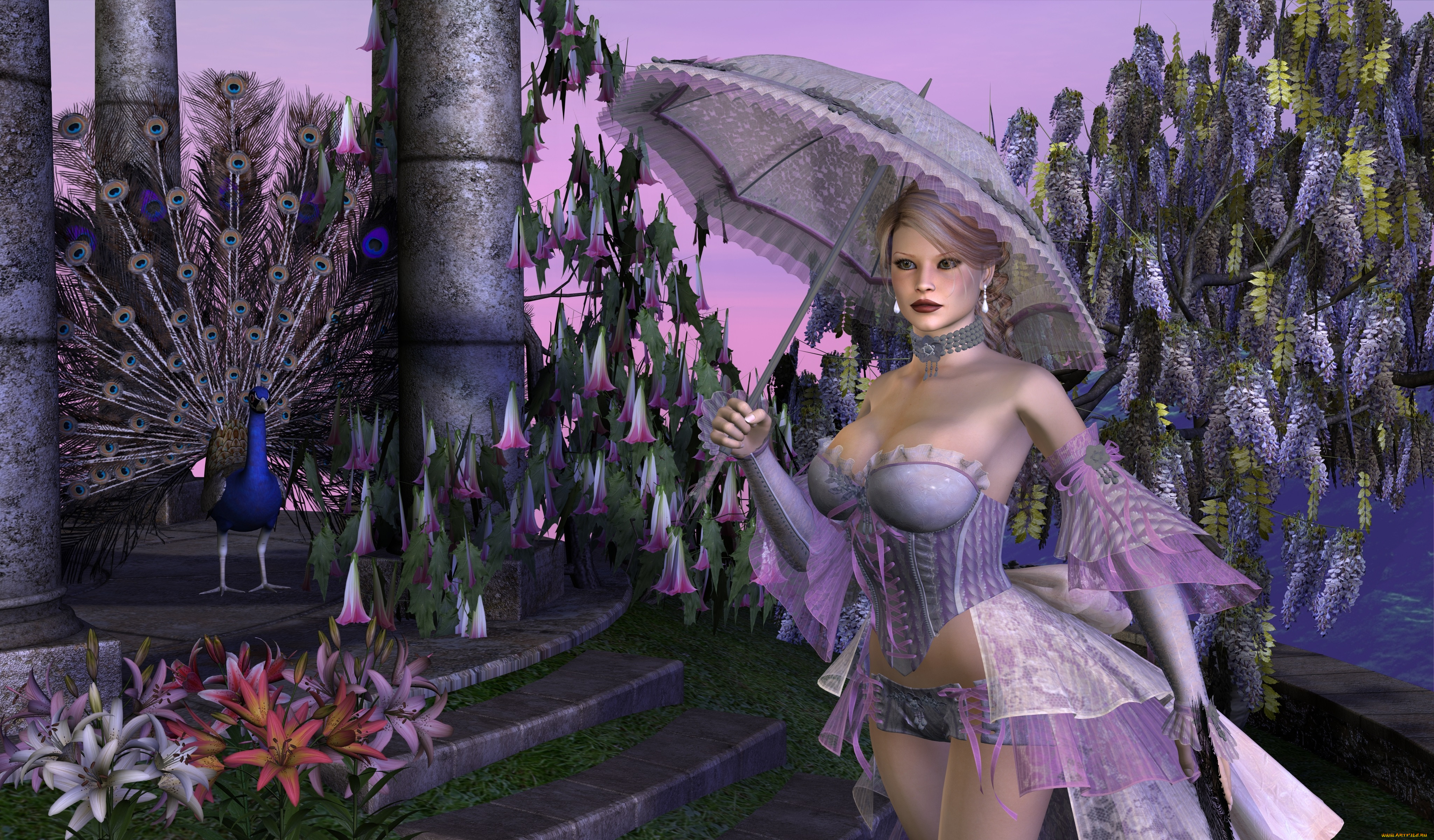 3д, графика, люди, , people, девушка, взгляд, фон, зонтик, цветы