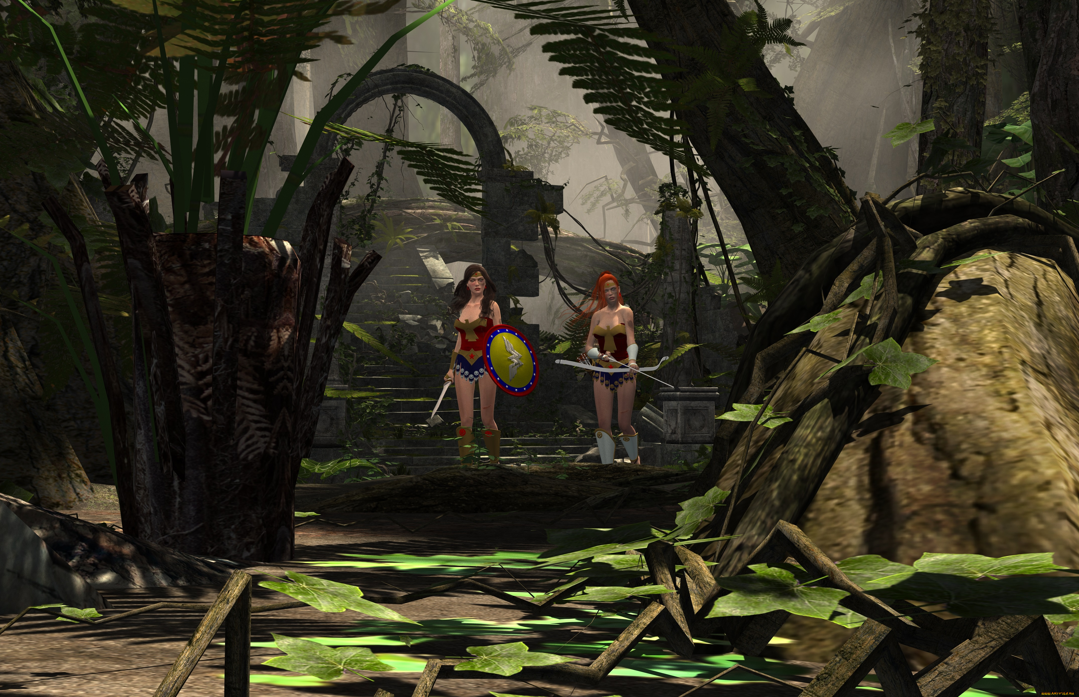 3д, графика, фантазия, , fantasy, девушки, взгляд, фон, оружие, щит, лес, супермены