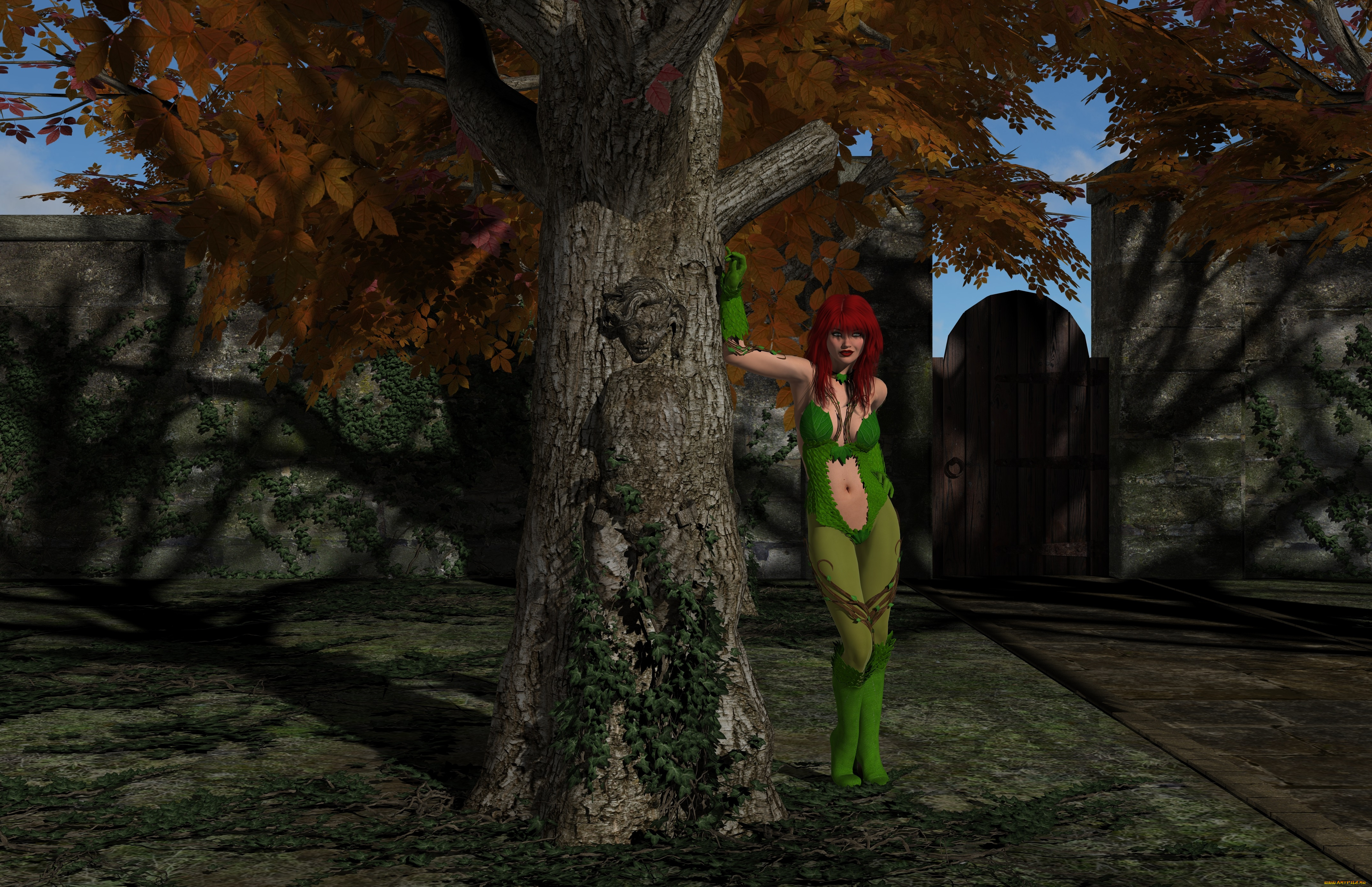 3д, графика, люди, , people, девушка, взгляд, фон, перчатки, сапоги, рыжая, дерево