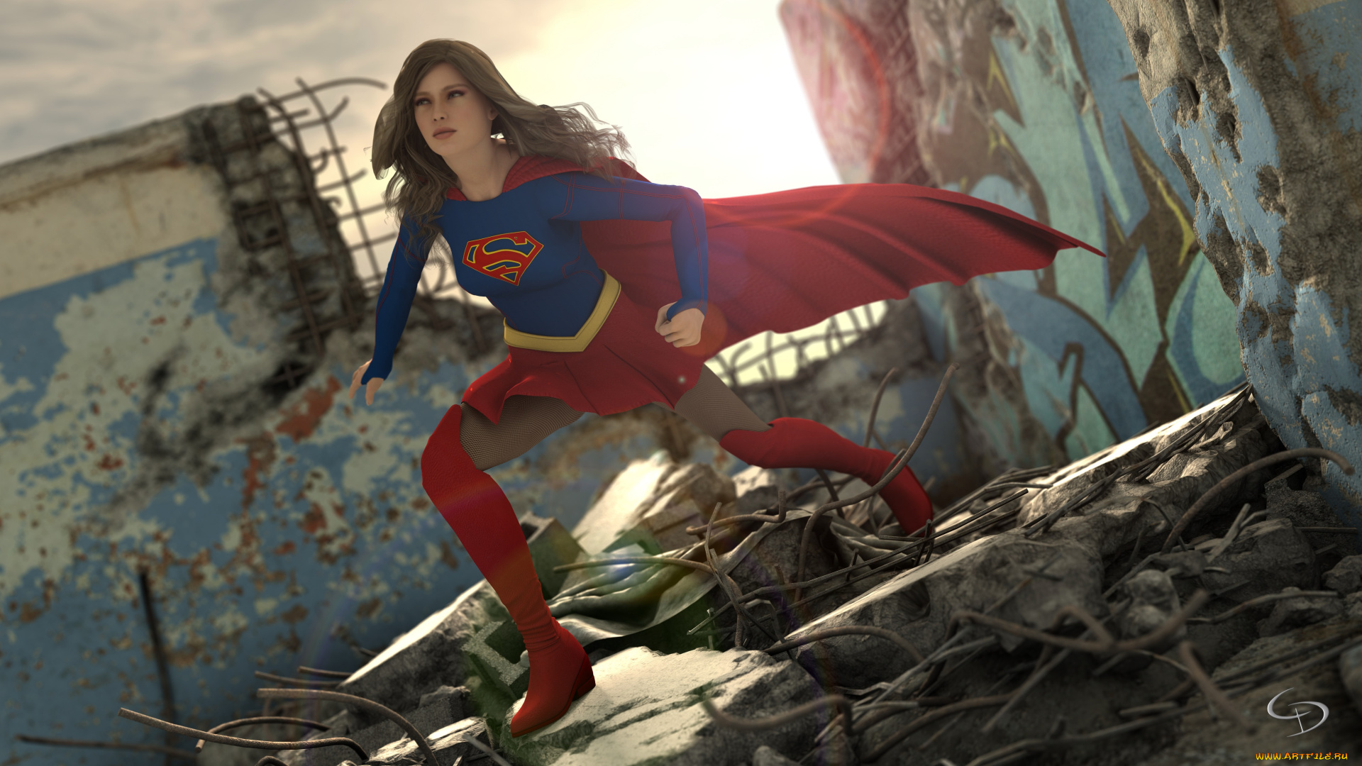 3д, графика, фантазия, , fantasy, девушка, взгляд, фон, супермен