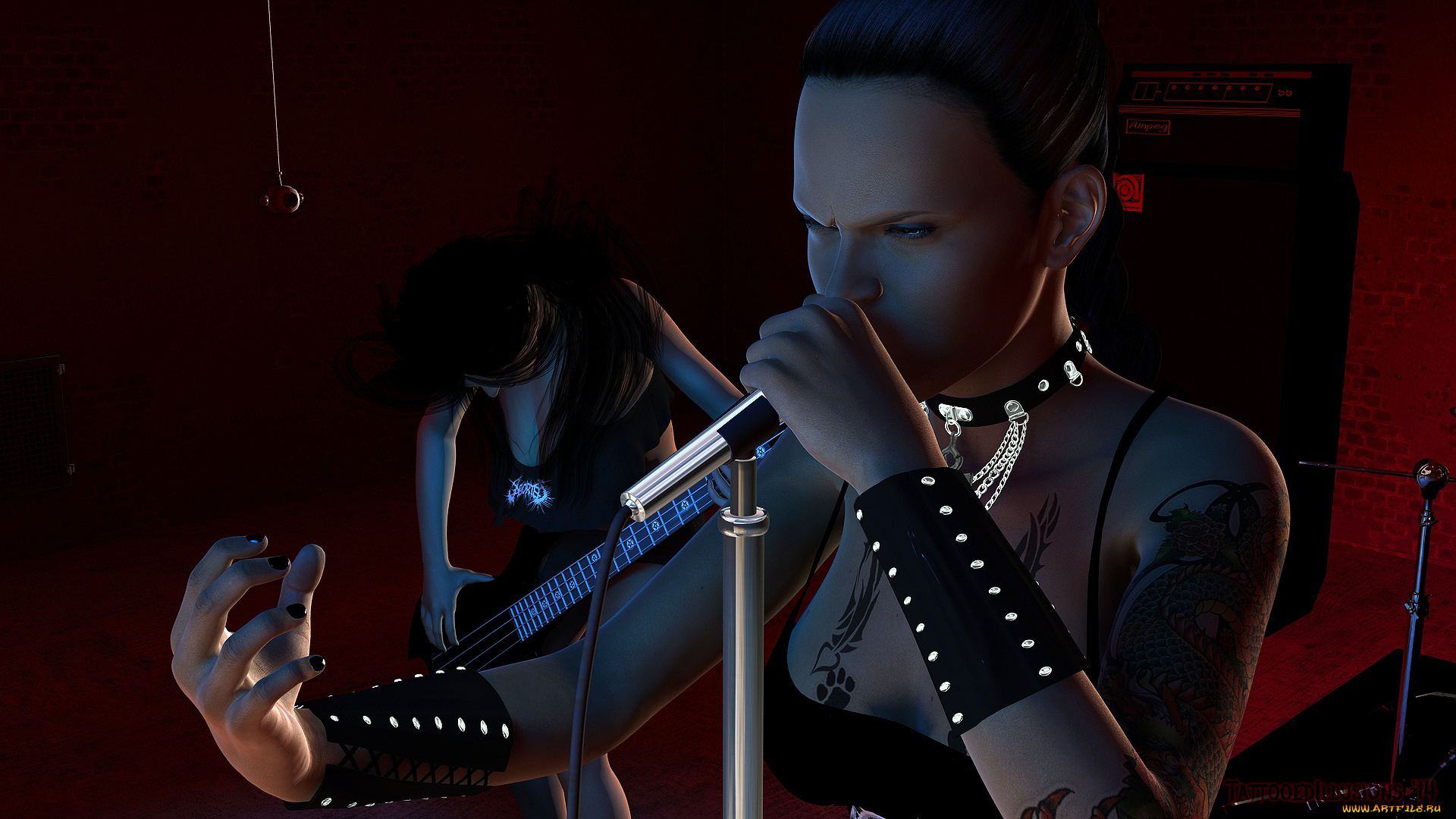 3д, графика, люди, , people, тату, взгляд, микрофон, фон, девушка