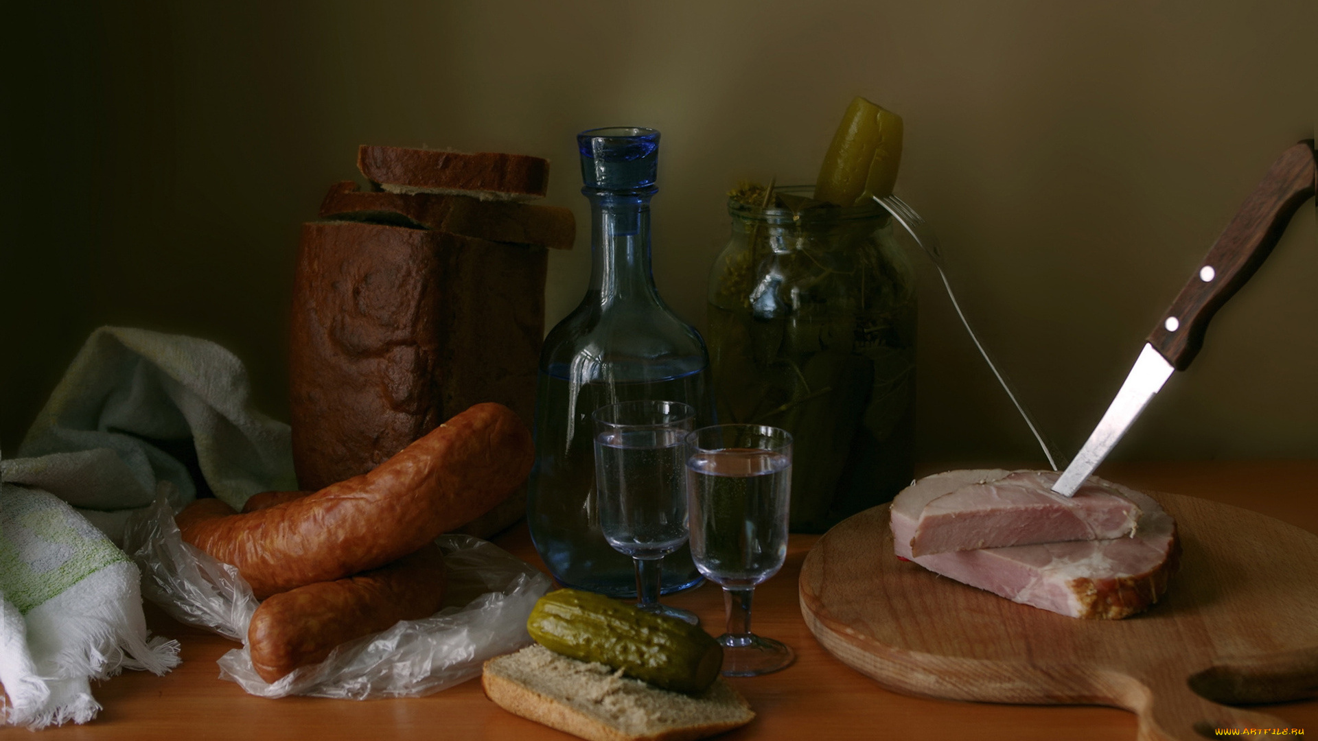 еда, разное, стол, водка, закуска, хлеб, колбаса