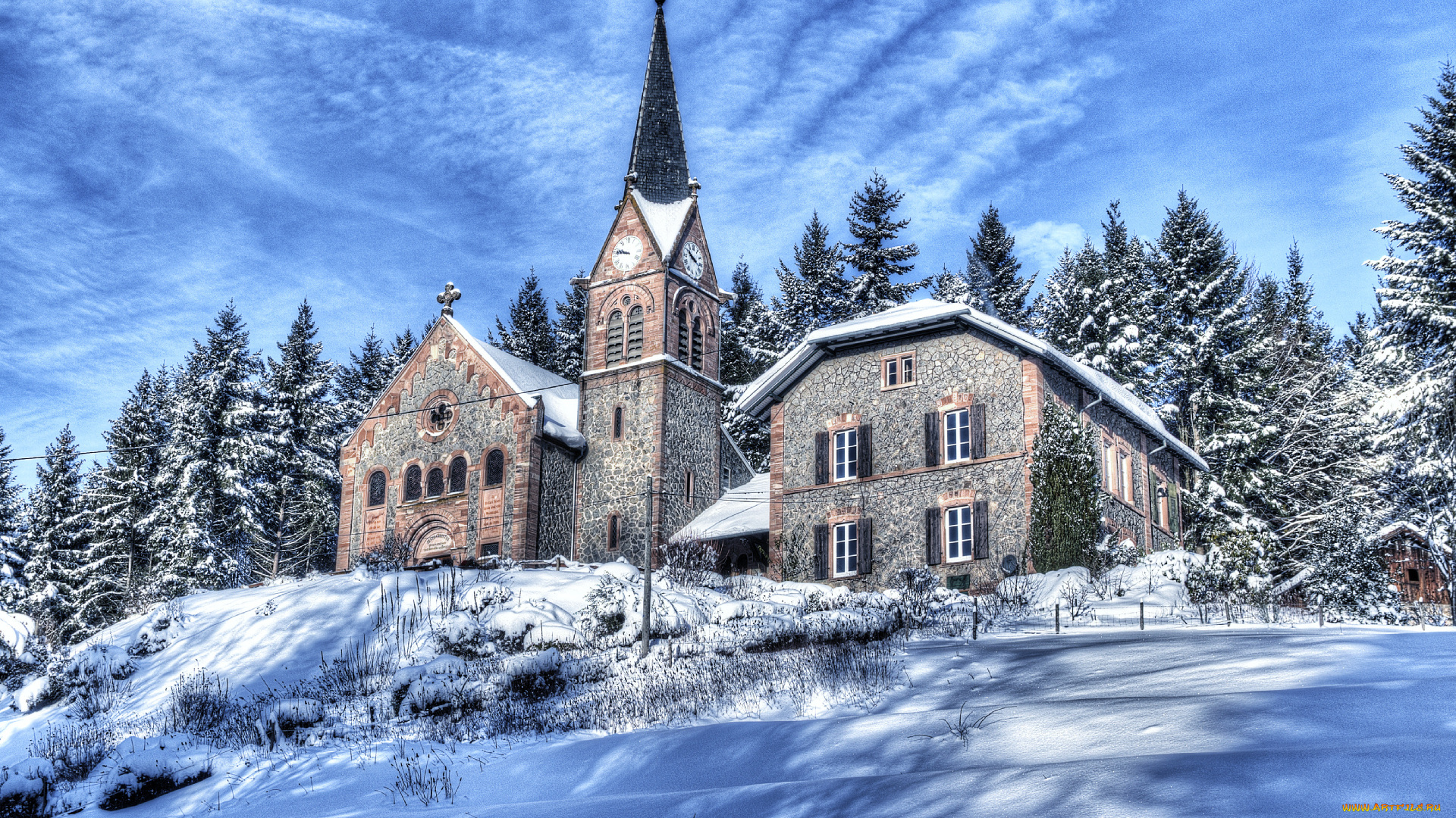 города, -, православные, церкви, , монастыри, горы, франция, зима, деревья, склон, церковь, дом, снег