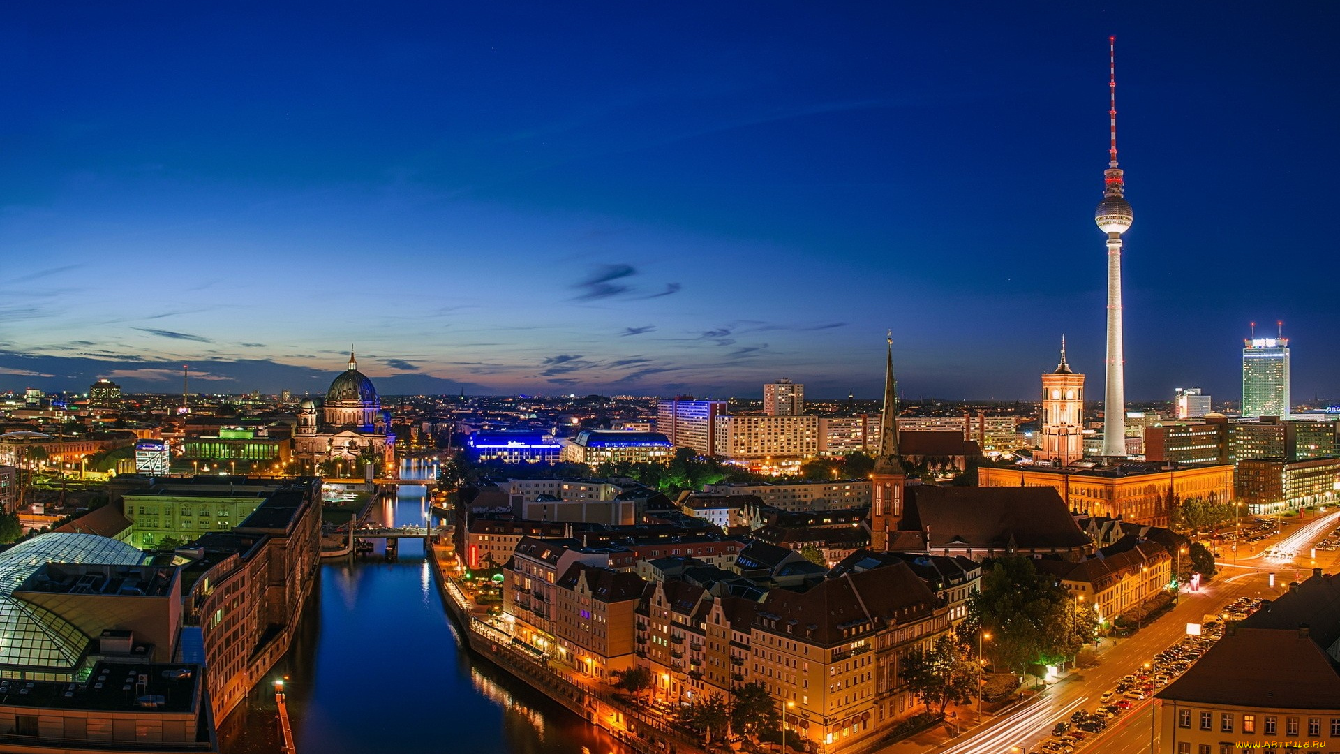 города, берлин, , германия, панорама, огни, река, башня, улицы, здания, столица, дома, берлин