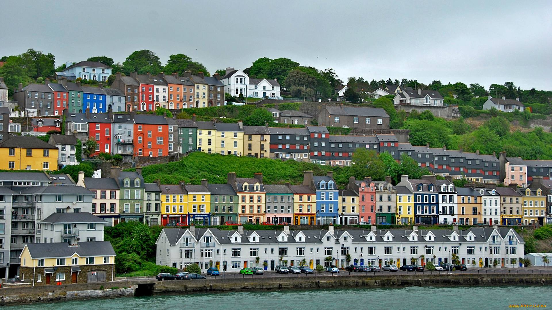 города, дублин, , ирландия, склон, море, небо, дома, деревья