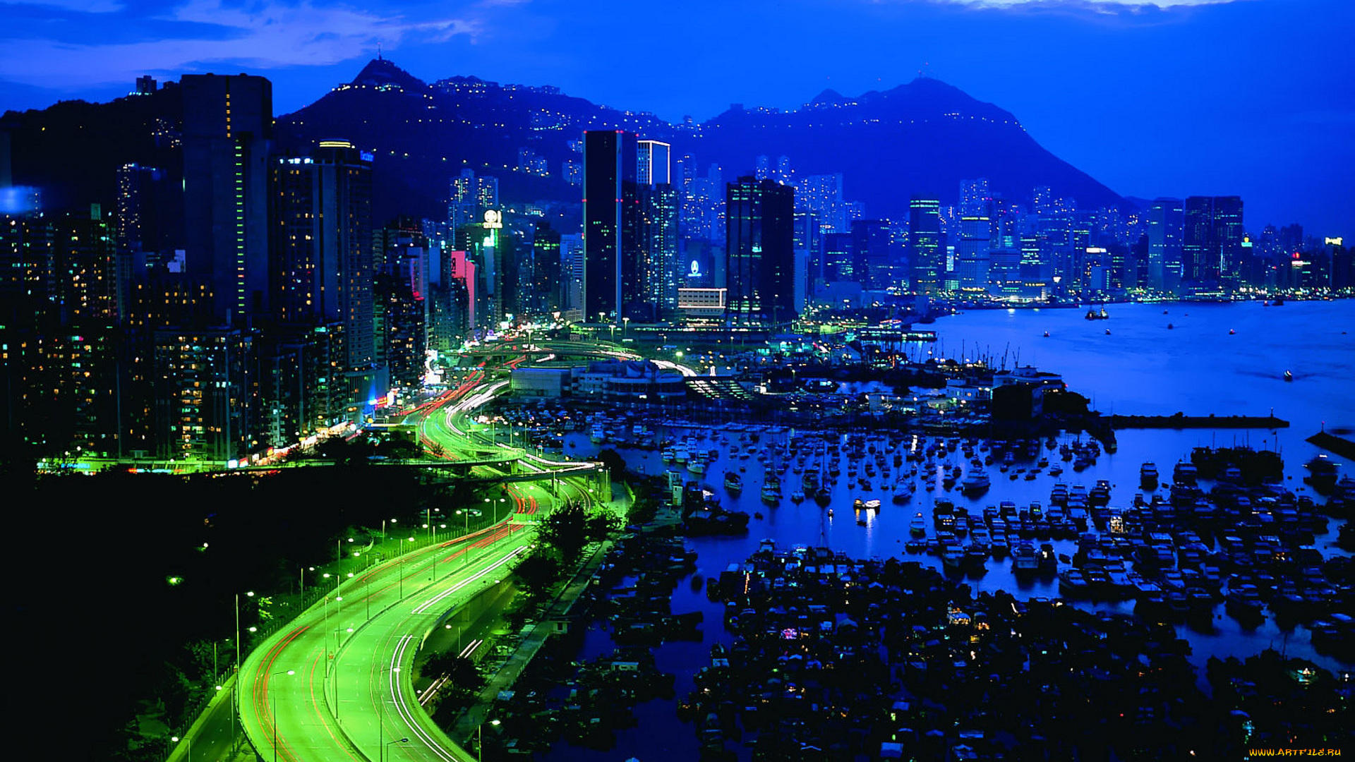 города, гонконг, , китай, гонконг, дорога, лодки, горы, вечер, шоссе, море, здания, дома, огни