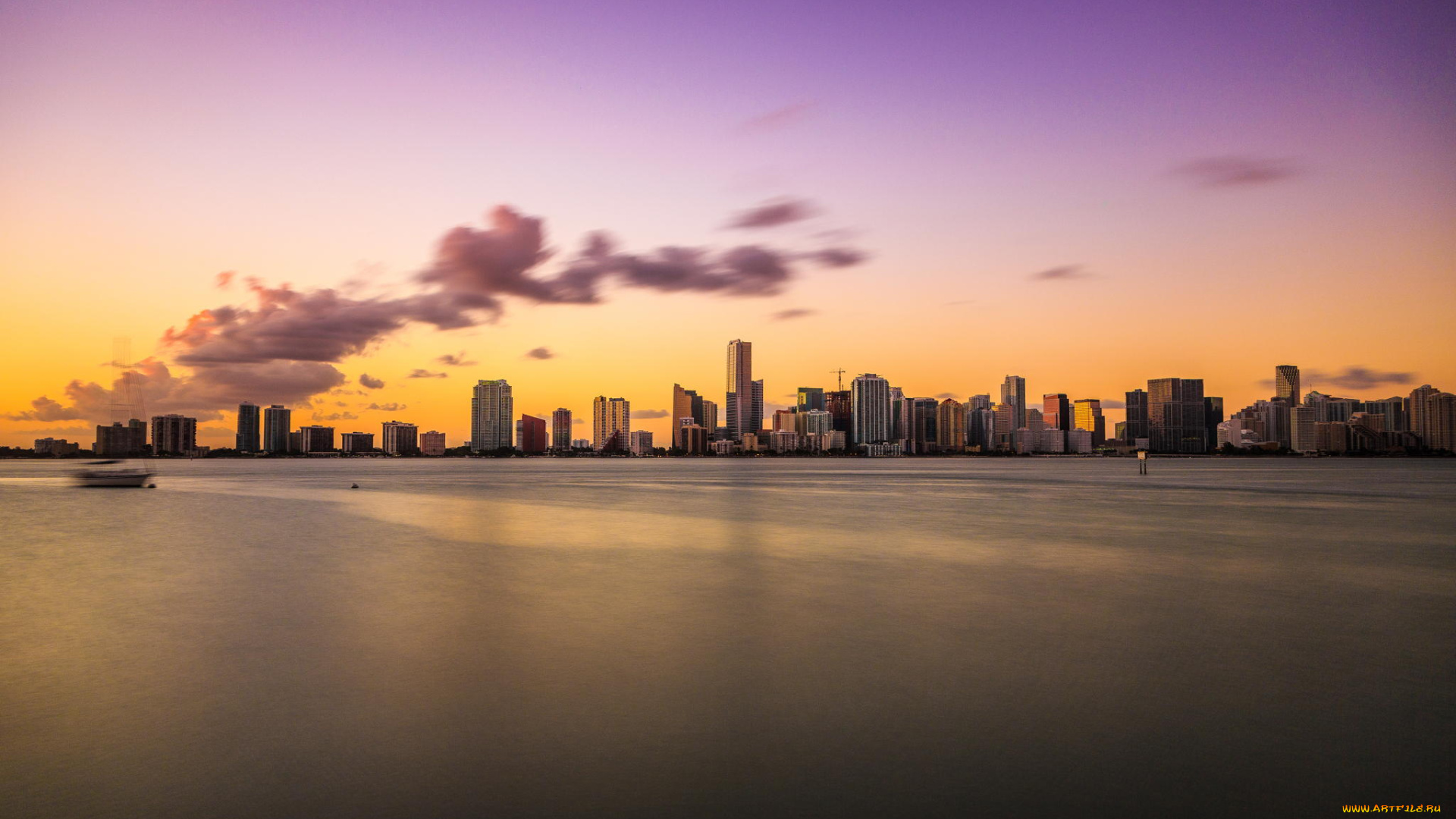 города, майами, , сша, закат, вечер, флорида, майами, океан