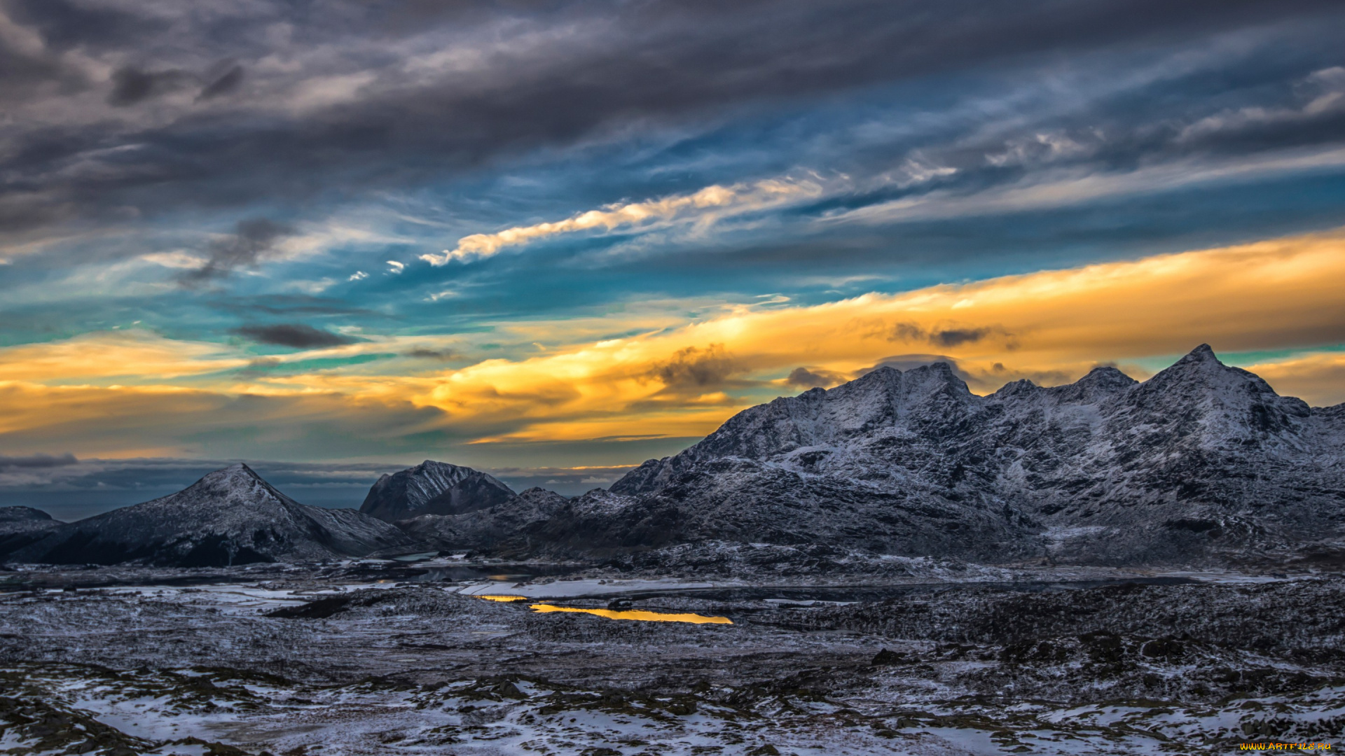 природа, восходы, закаты, закат, озеро, снег, горы, облака, зарево