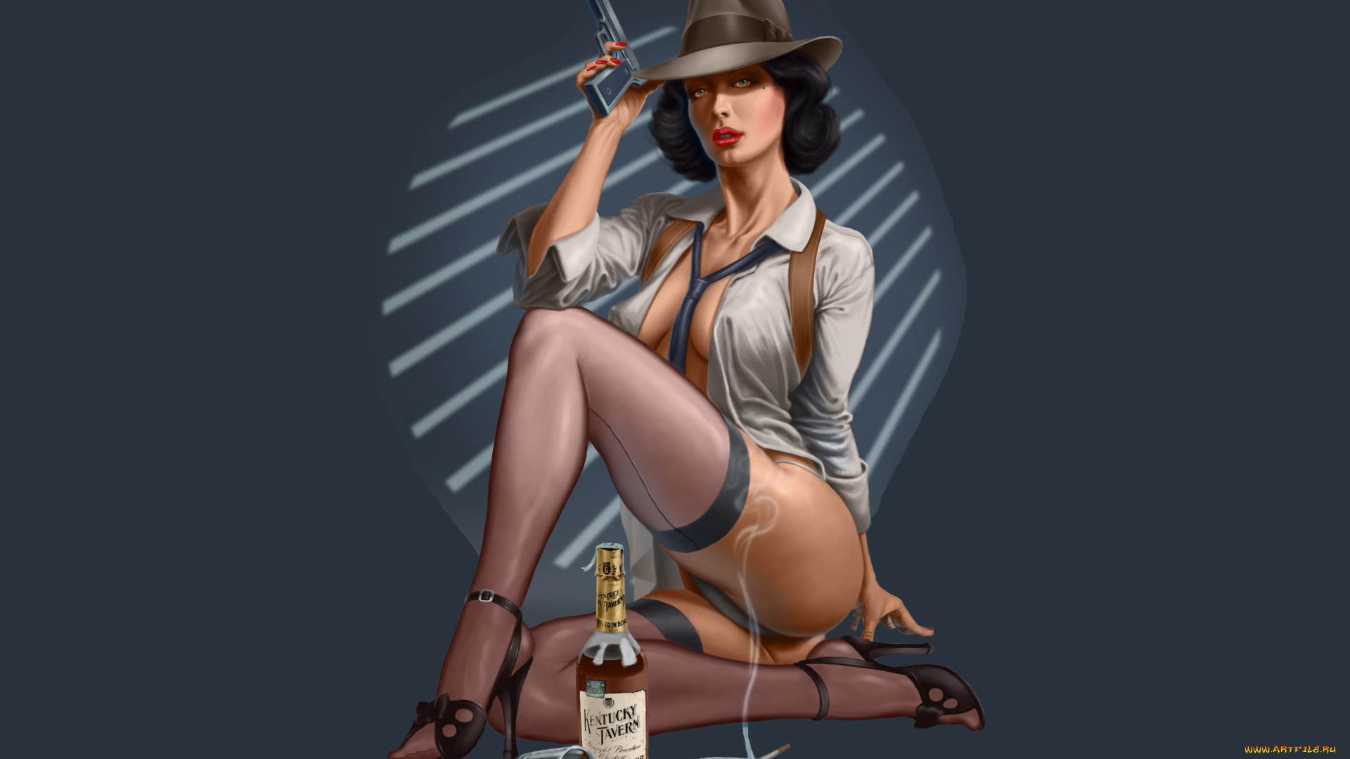 рисованное, люди, фон, девушка, сигарета, шляпа, взгляд, пистолет, бутылка