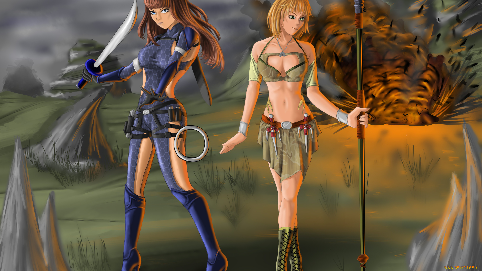 рисованное, люди, оружие, фон, взгляд, девушки