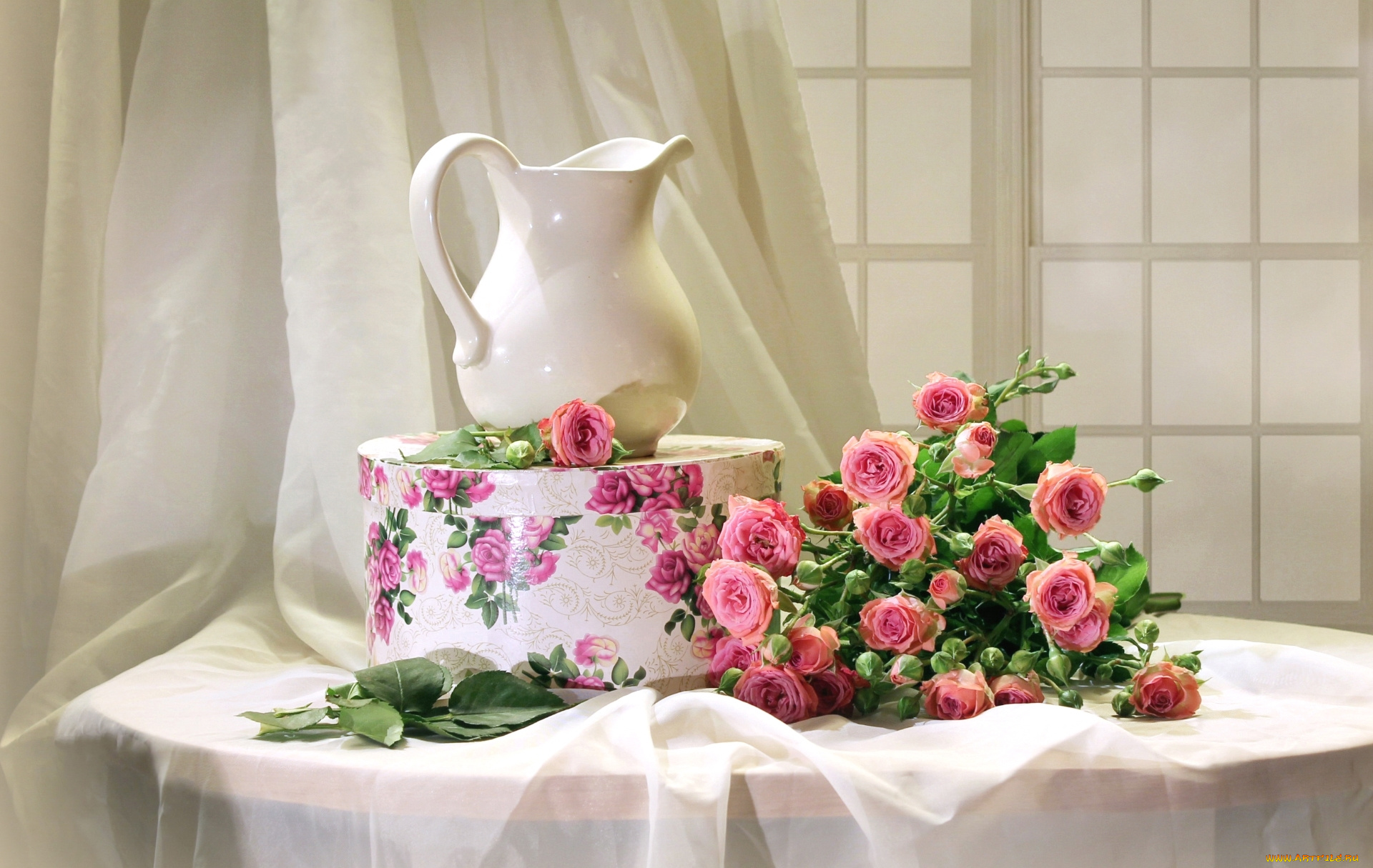 цветы, розы, коробка, кувшин