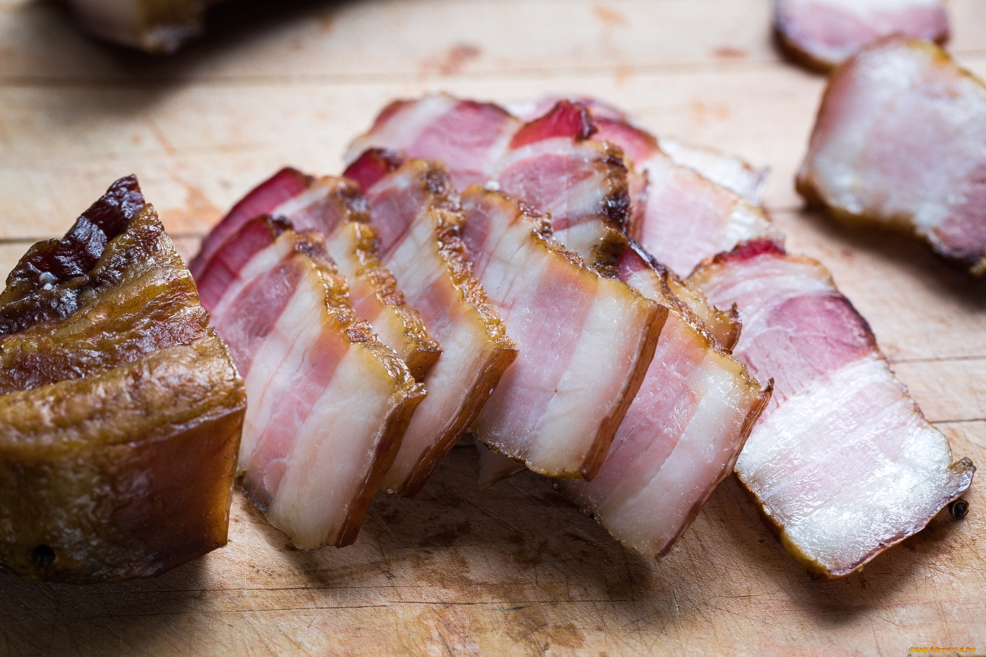 еда, мясные, блюда, сало, копченое, ломтики