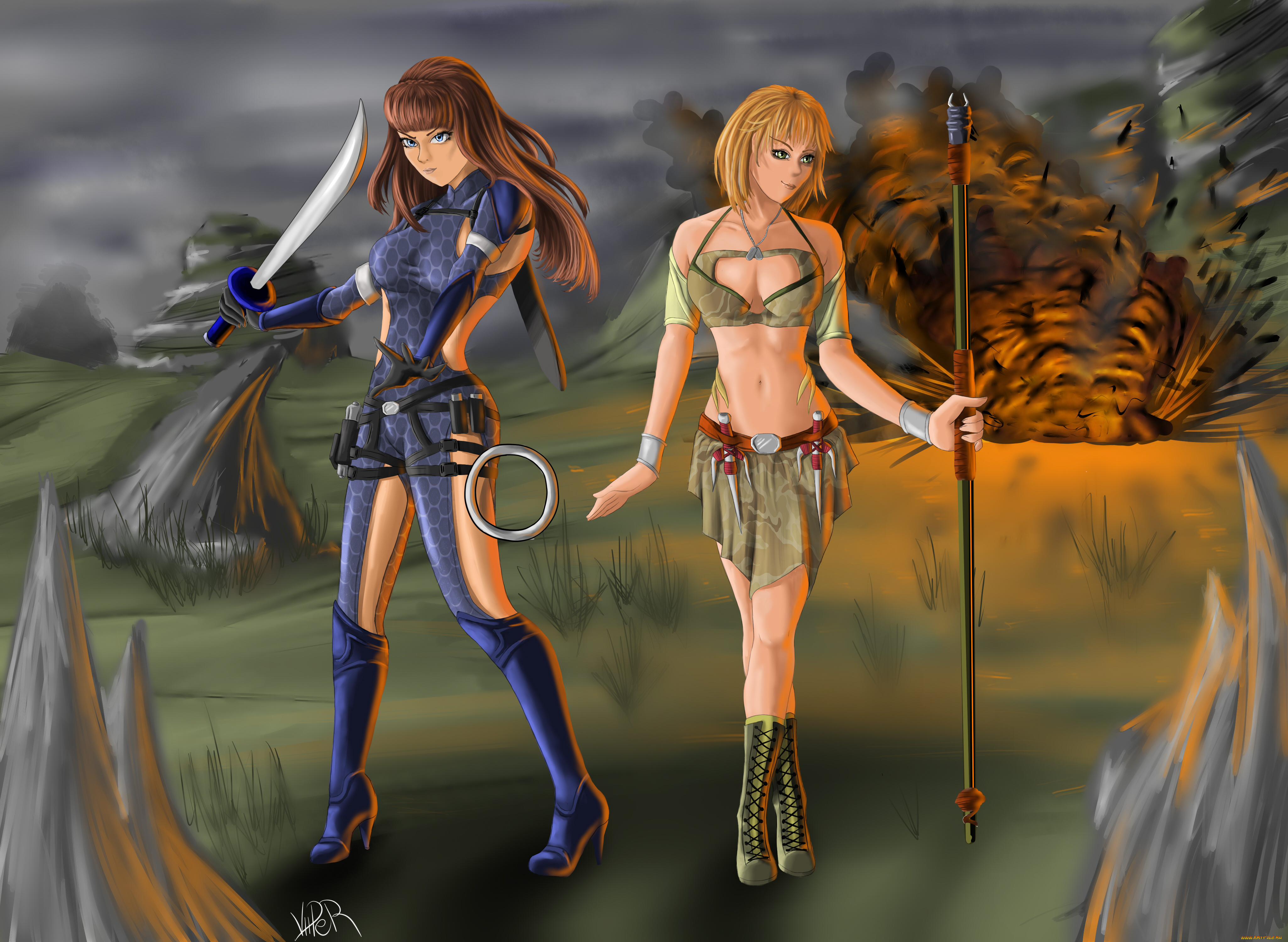 рисованное, люди, оружие, фон, взгляд, девушки