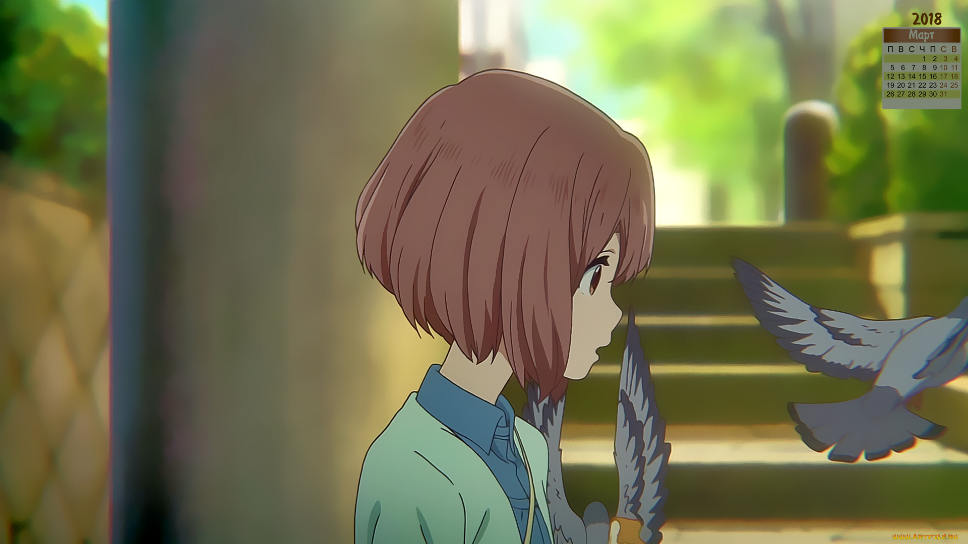 календари, аниме, девушка, птица, взгляд, 2018, профиль, лицо