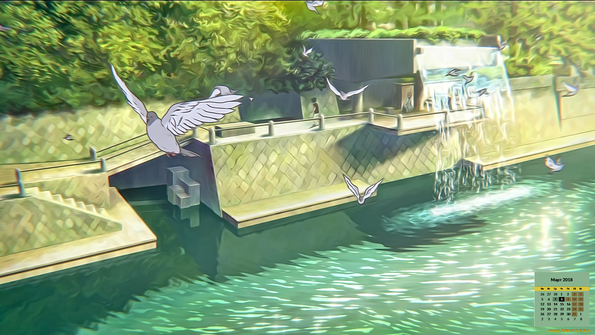 календари, рисованные, , векторная, графика, птица, водоем, 2018