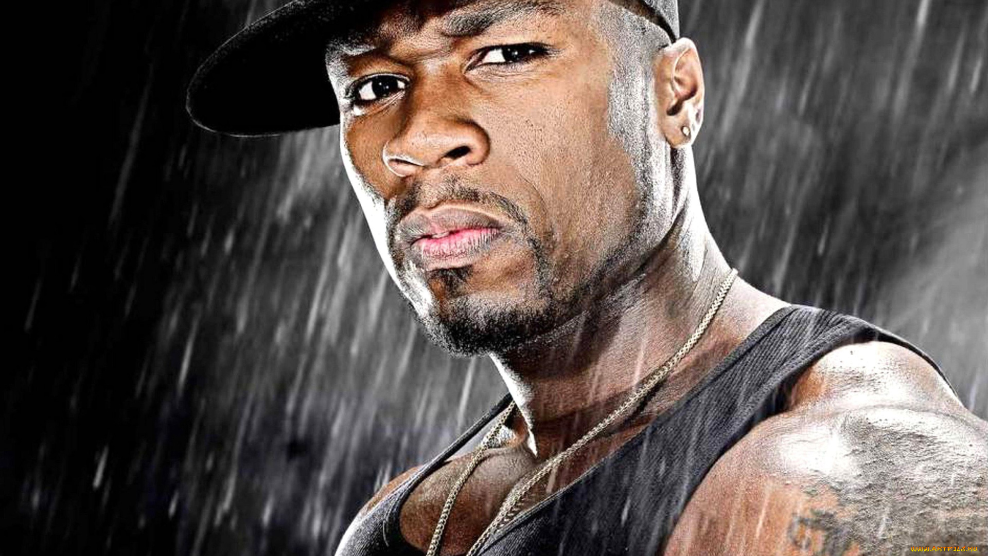 музыка, 50, cent, тату, цепь, майка, дождь, кепка, рэпер